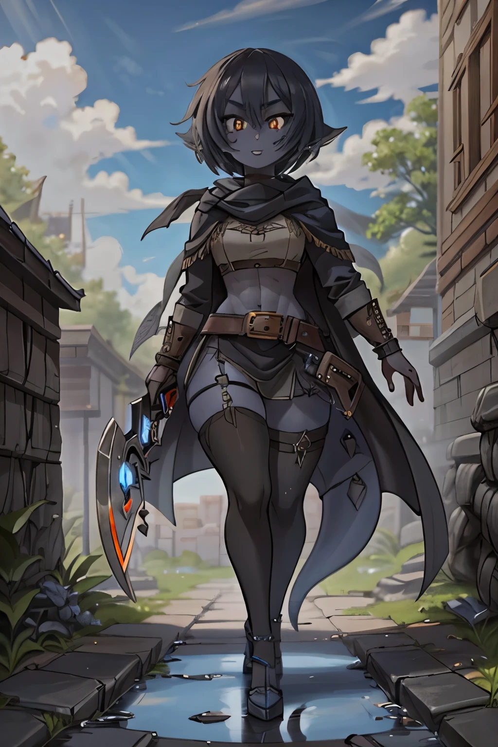 ((1girl, solo)), (orange skin), colored skin, masterpiece, best quality, glowing eyes, Smouldie, short hair, (tail:1.2), black robe, thighhighs outdoors, steampunk, fantasy, pavement, walking, puddle, reflection, muscular, abs, tall, blades, holstered blades