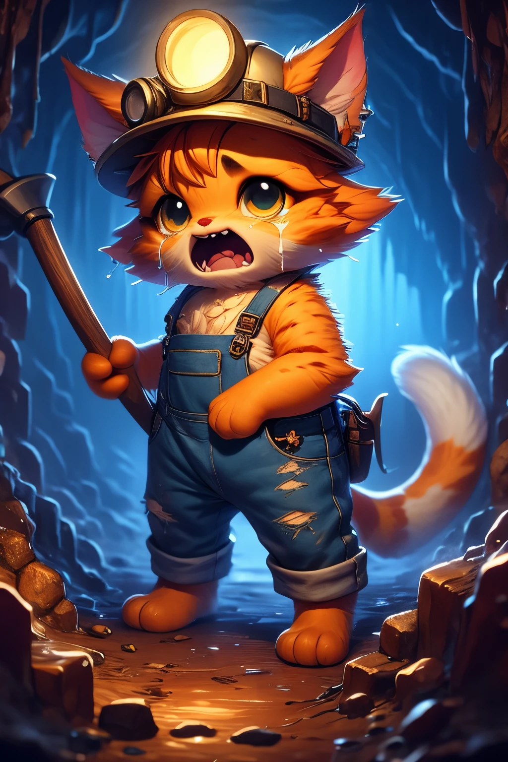 A cute fantasy monster like a orange cat, with exaggerated big ears and tail, very dirty, crying, wearing tattered jean backs, wearing a miner's hat and holding a pickaxe, is digging inside a dimly lit mine in palworld style