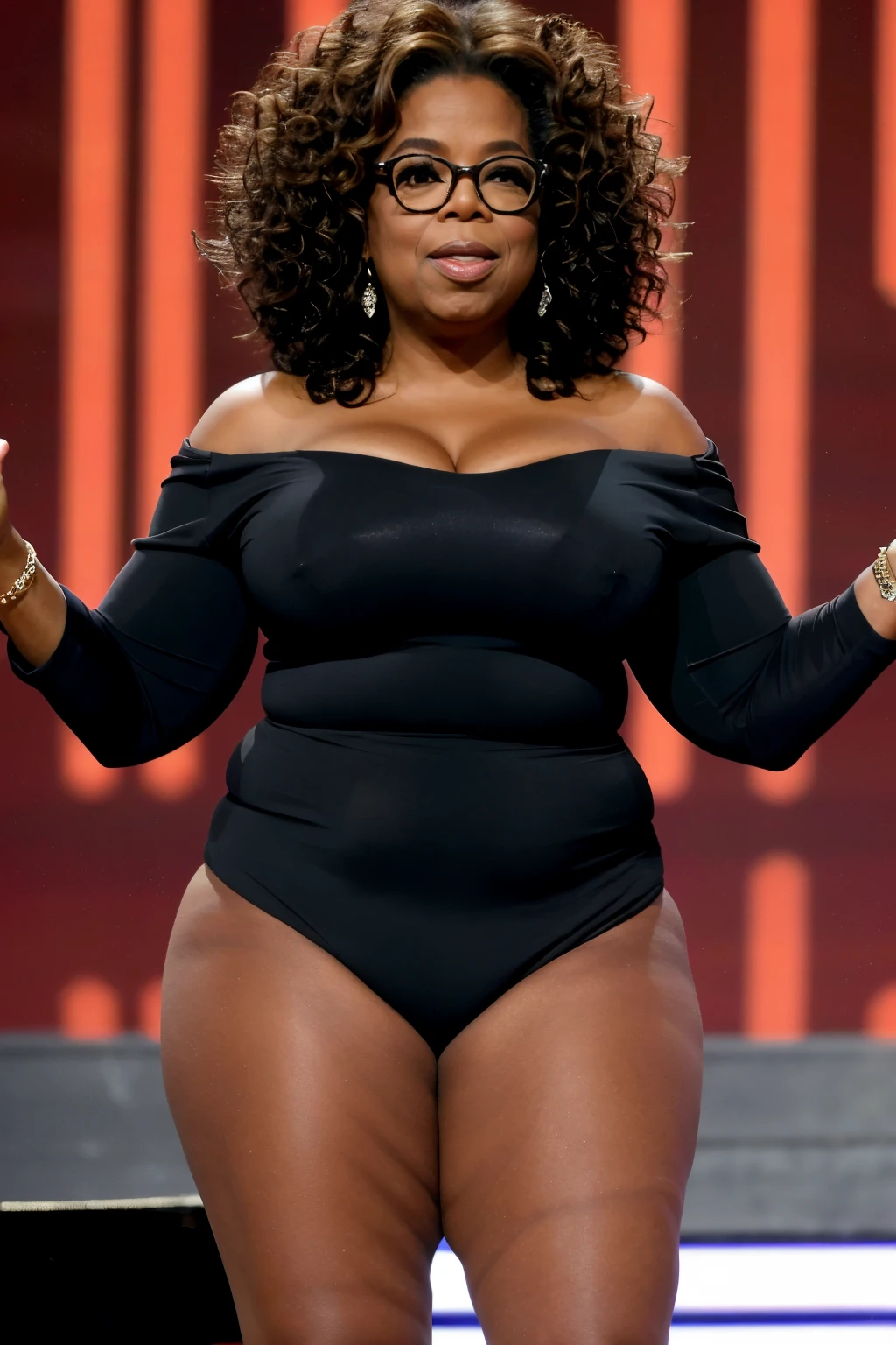 Oprah on the stage, (saggy tits), big hips, curly bob, (nude:1.2)