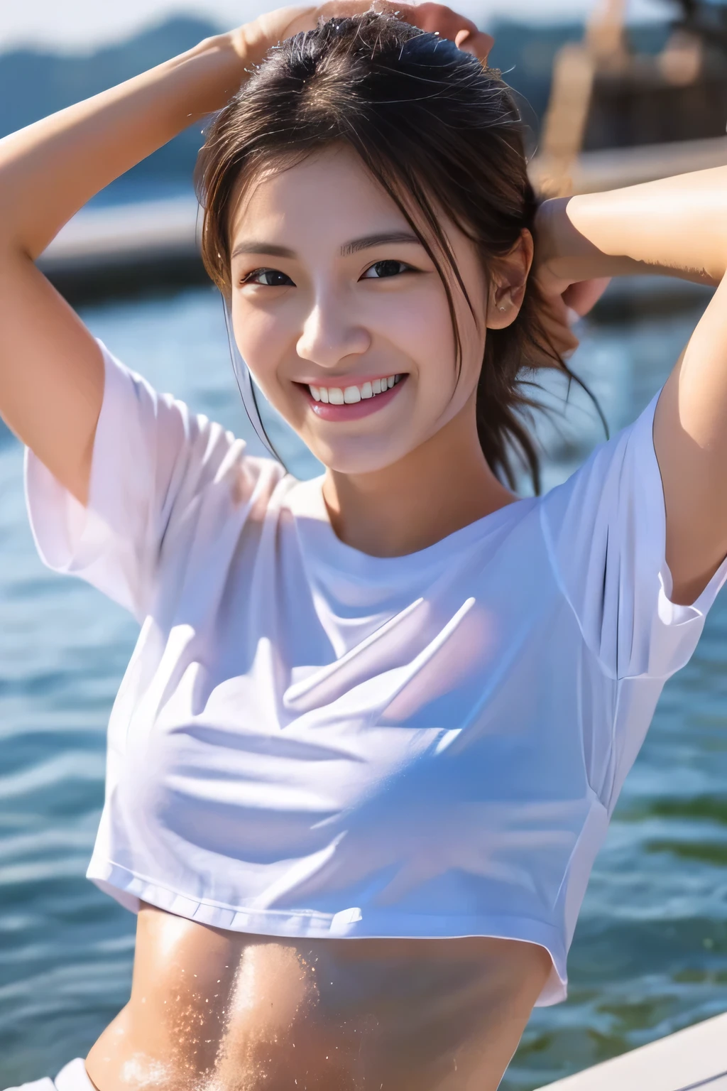 one woman,T-shirt,midriff baring,sexy pose,,wet body,thin,glowing skin,cute face,beautiful face,double eyelid,smile,medium hair,Ocean,evening,Mysterious,high quality,realistic,Korean,Beautiful woman,gravure,Snazzy