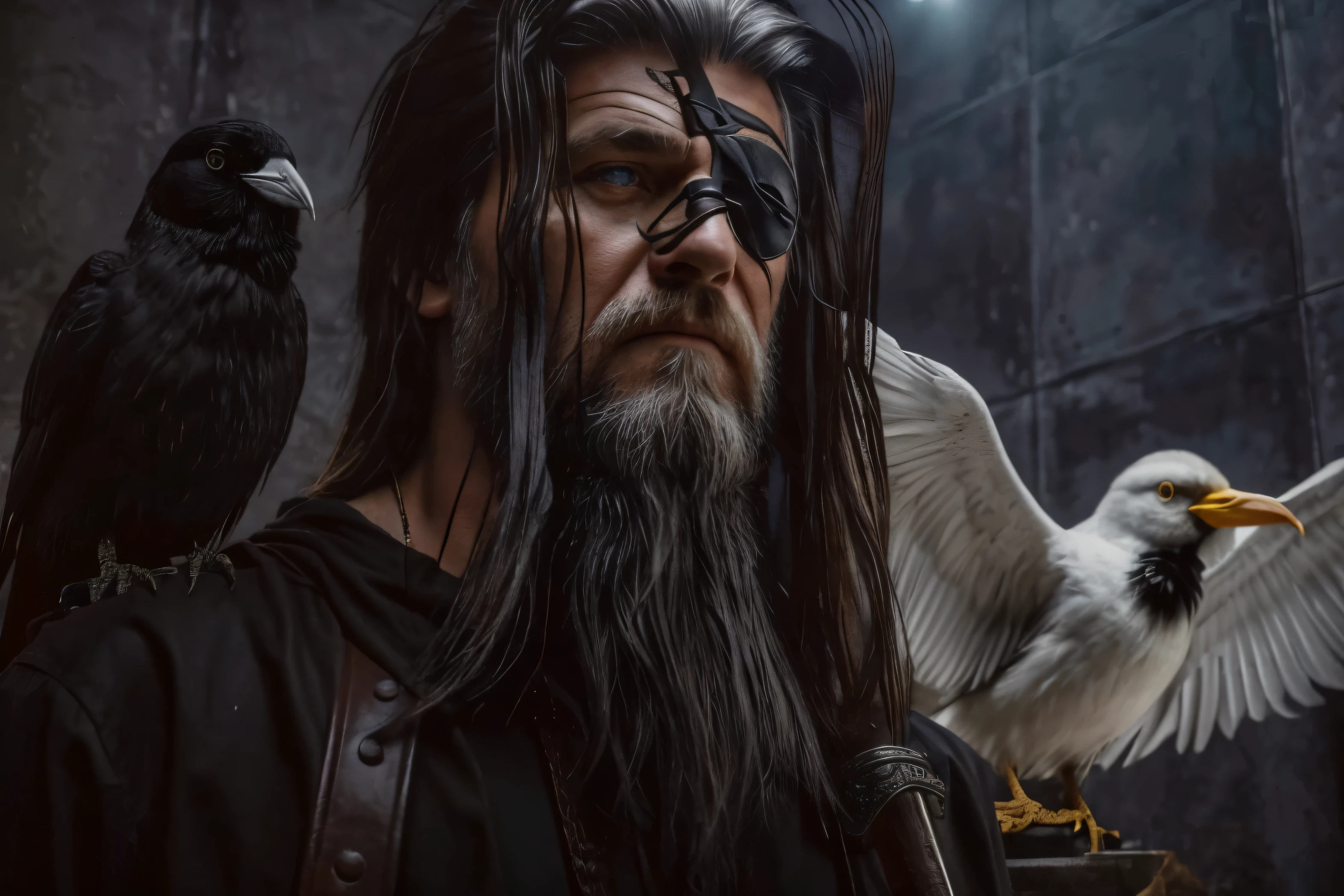 (obra de arte, melhor qualidade:1.2), foto crua, (realista, photorealista:1.2), Velhote, Odin, muscular, Cabelo preto, barba longa, sem bigode, Tapa-olho, roupas pretas, white bird and black bird,(8k, high resolution, ultra detalhado:1.3),(realista cinematic lighting, sombreamento detalhado:1.2)