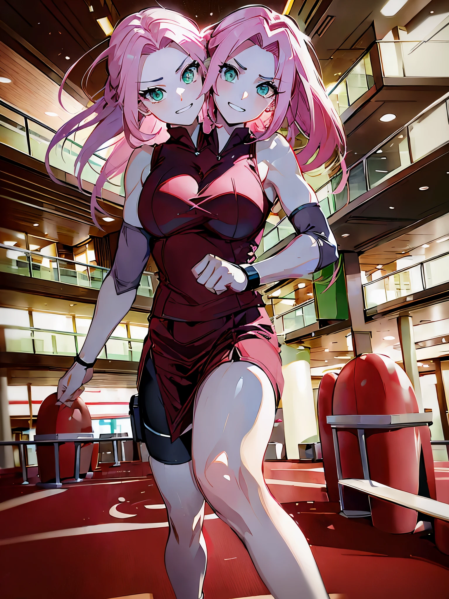 (masterpiece, best quality), best resolution, (2heads:1.5), 1girl, haruno sakura, pink hair, green eyes, determined facial expression, elbow sleeve, red shirt, forehead protector, fighting pose, dynamic pose, convention center lobby, upper body shot