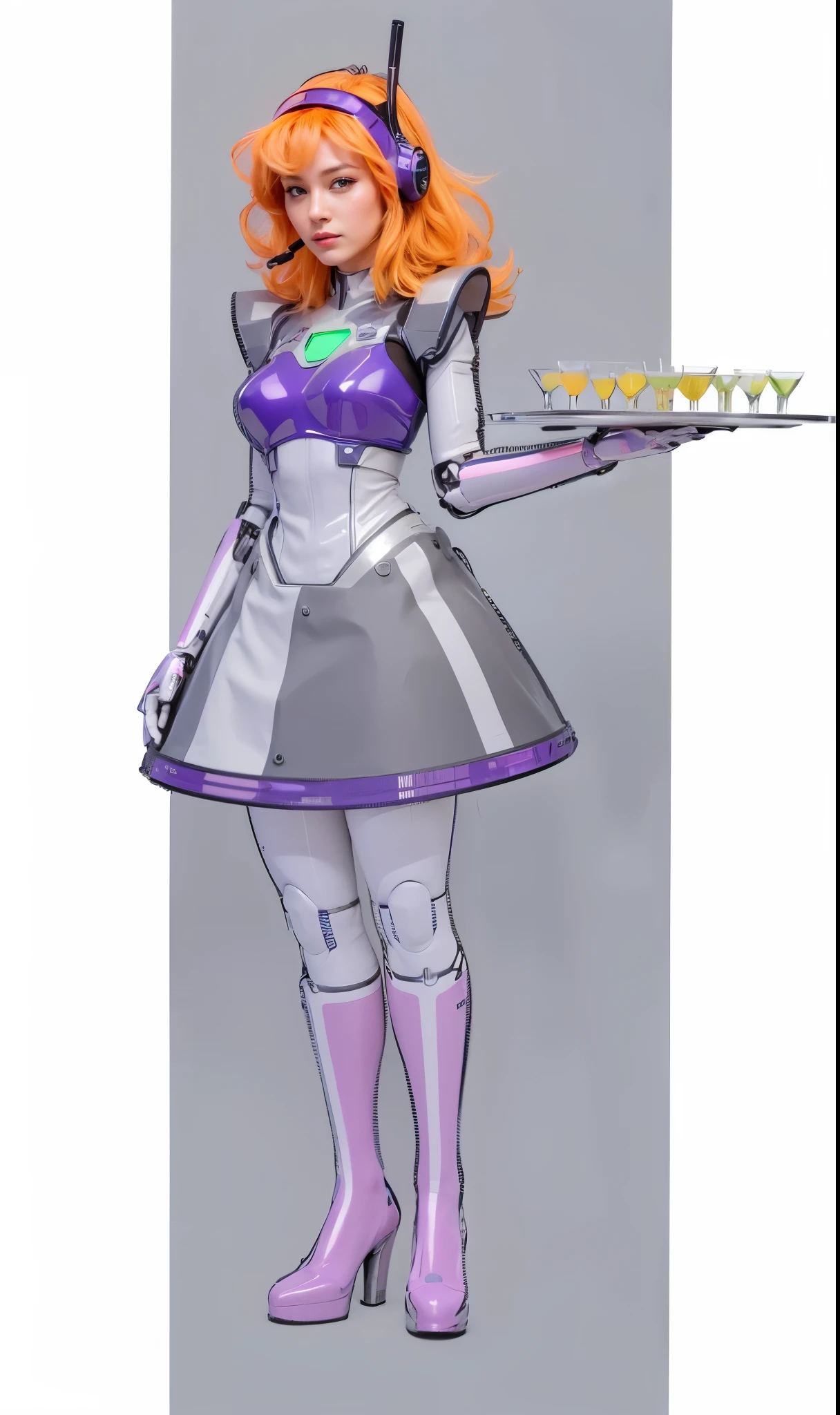 (a woman in a robotic suit,a platter of drinks,a headset with a visor) [sci-fi,concept artists,professional](best quality,4k,highres:1.2),ultra-detailed,realistic,studio lighting,vivid colors,physically-based rendering