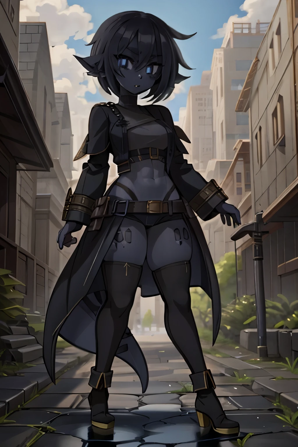 ((1girl, solo)), (black skin), colored skin, masterpiece, best quality, glowing eyes, Smouldie, short hair, (tail:1.2), black robe, thighhighs outdoors, steampunk, fantasy, pavement, walking, puddle, reflection, muscular, abs, tall, blades, holstered blades, gear