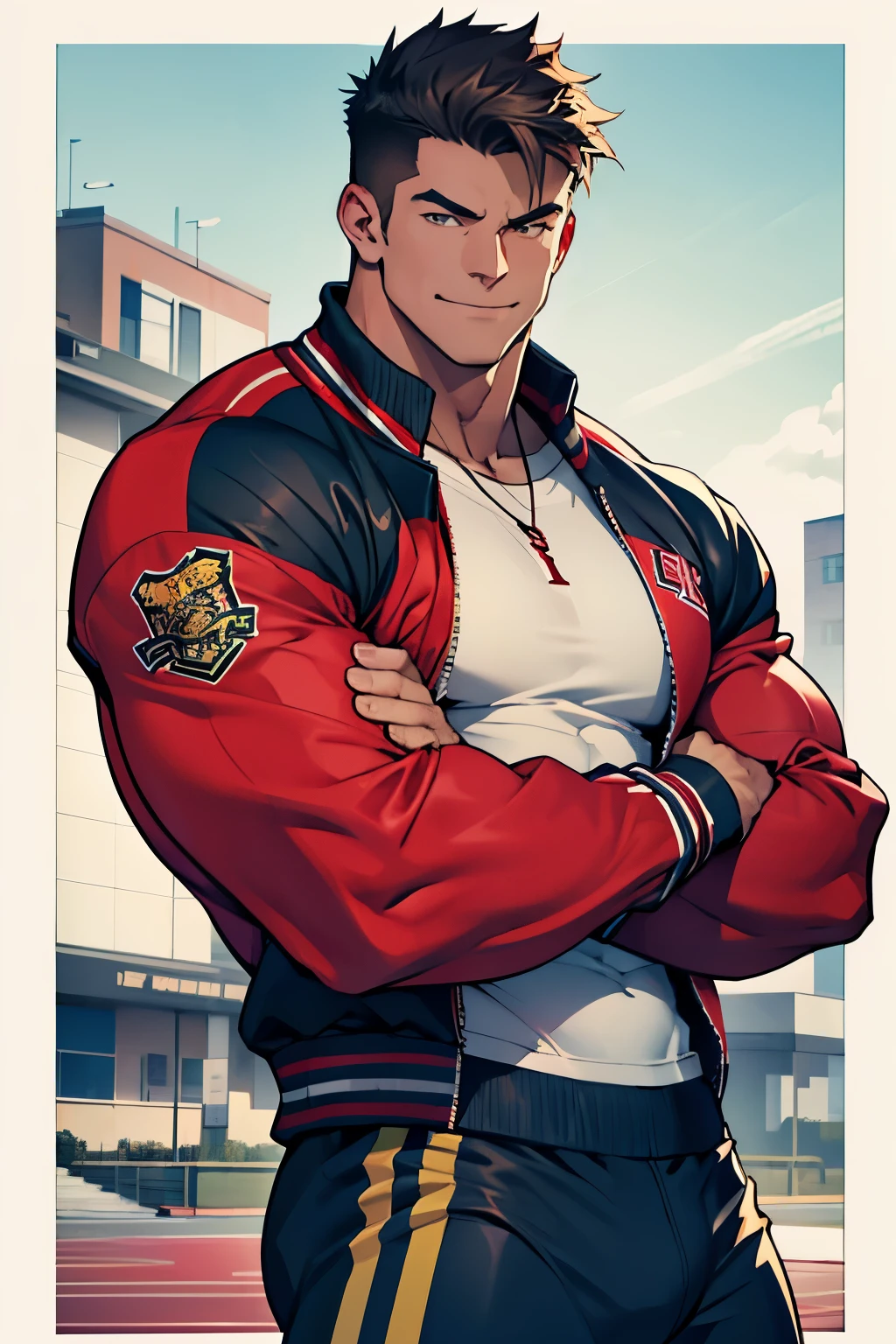 High-definition Still of a Mascular College Football Jock, clad in a tight Letterman Jacket that accentuates his bulging biceps and arrogant smirk. (Best Quality, 4k, 8K, high resolution, Masterpiece: 1.2)
A well-built college athlete, flaunting his muscular physique in a snug Letterman Jacket, displaying the contours of his impressive biceps, accompanied by a cocky, self-assured grin.
*Mascular college athlete*
*Tight Letterman Jacket*
*Muscles bulging*
*Cocky expression*

A menacing and mus