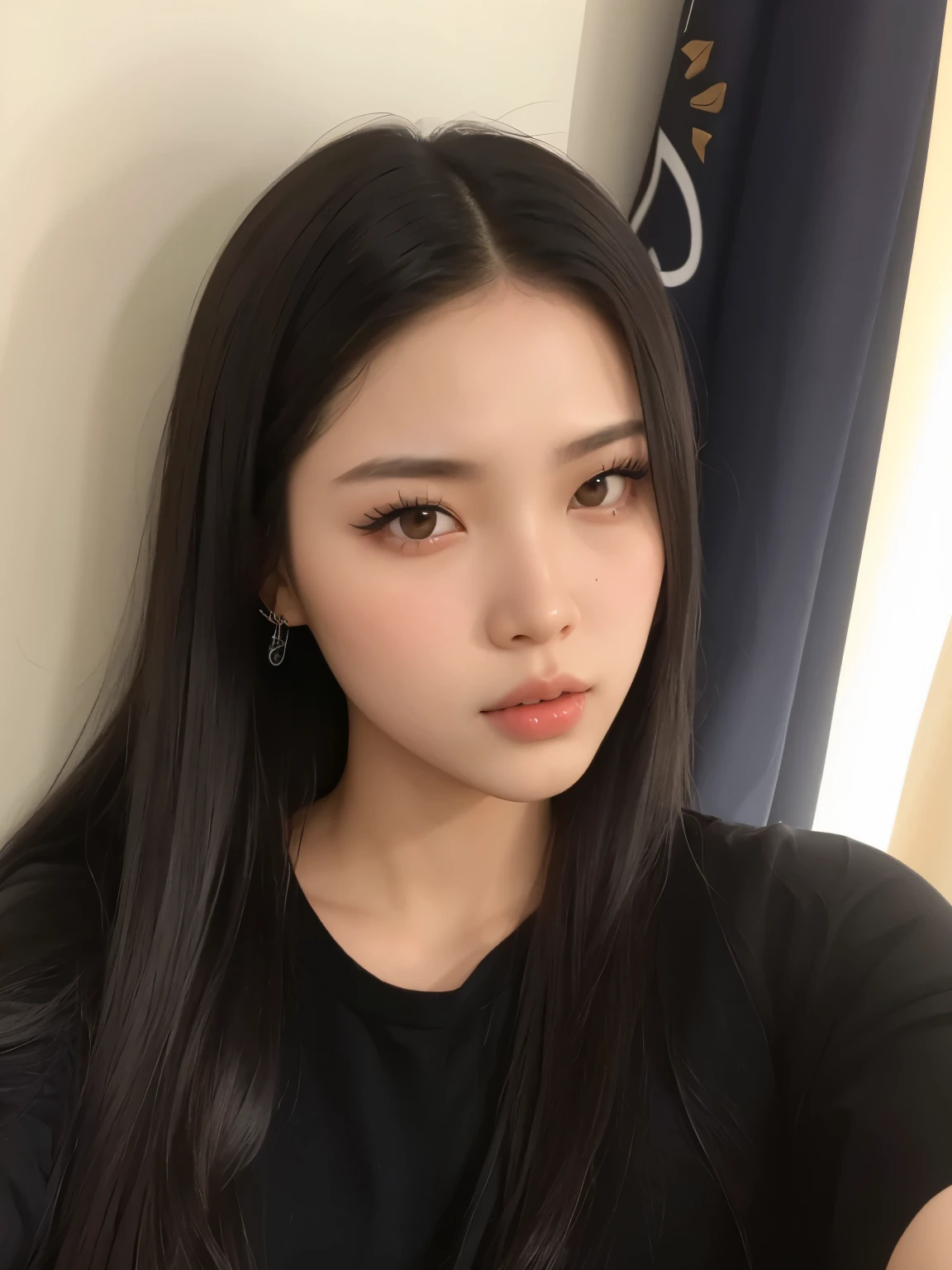 close up de uma mulher com longos cabelos pretos usando um top branco,  coreana, Ulzzang, 18 anos de idade, beautiful  Asian, linda mulher sul-coreana, young pale and beautiful asian face, linda jovem coreana,  Asian, características Asians, adorable and pale korean face, cruel korean goth girl, grandes seios, busto avolumando, melhor qualidade, 4k.