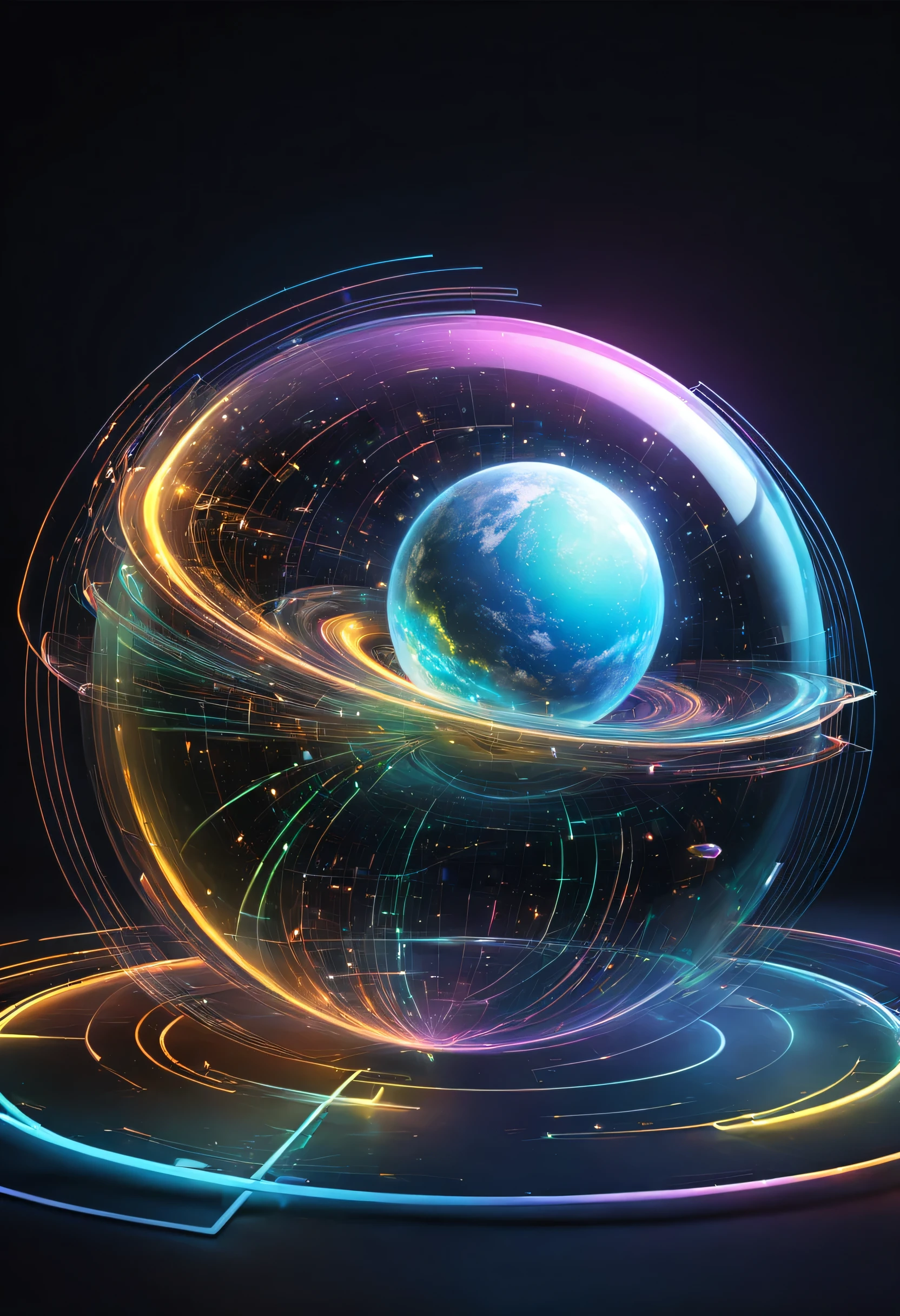 holographie,dessiner avec des couleurs néon((terre)):sphère:((flottant)),transparent,tridimensionnel,lumière,la science-fiction,art numérique,numérique,scientifique,fond sombre:Circuits électroniques:dessiner avec des couleurs néon,3D,chef-d&#39;œuvre,espace numérique,énergie,beau,Le plus haut chef-d&#39;œuvre,8K,science-lumière,détaillé,de couleur brillante,coloré,cool,beau,Des couleurs riches,ligne beaulumière