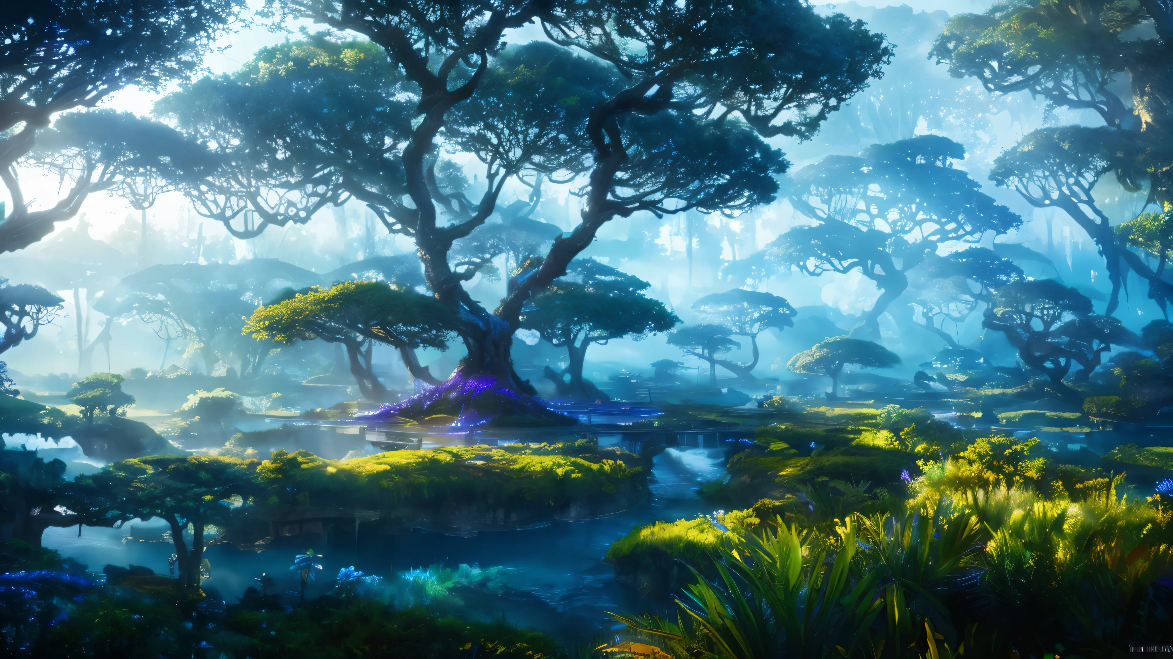 avatar, Avatar de Pandora, natureza, paisagem, temperamental, cinematic views, fantastic trees, profissional lights, realista, ultra realista, 4k, fantastic unreal world, cores azuis, azul claro, mundo na&#39;vi, tree of life in the middle, roxo e azul