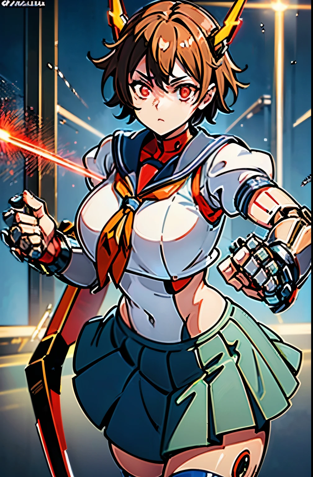 1girl solo,Standing depiction、(Large symmetrical mechanical wing:1.6)、((kasugano sakura:1.3))、(symmetrical mechanical headgear:1.6)、(He has a huge laser sword in his right hand.:1.9)、（Has a machine gun in his left hand:1.9）、Beauty Cyborg, Cyborg - beautiful woman with brown short bob hair perfect anime cyborg woman, cute cyborg beauty, beautiful cyborg beauty, cyborg girl, (Perfect android beauty), (The perfect cyborg woman), (Cyborg - Girl), (beautiful female cyborg)、 beautiful white girl cyborg, beautiful female android, Beautiful and attractive female cyborg、walk、full body description、(Mechanical sailor suit:1.5)、(mechanical ruffle skirt:1.5)、((Combat readiness))、(glowing red mechanical eyes:1.9), brown hair, short hair, bangs, Ahoge,(head band), ((Gray uniform:1.4)), puffy sleeves, crop top, yellow neckerchief, ((gray skirt:1.4)), fingerless gloves, thighs thighs, white socks, red footwear,Expressionless、(table top, highest qualityの, highest quality, beautiful and aesthetic: 1.2), very detailed, more detailed,Proper body proportions,table top,Ultra high quality output image,High resolution,intricate details,very delicate and beautiful hair,realistic pictures,dream-like,professional lighting,realistic shadow,focus only,anime one、discovery stance, punching, discovery,raise one leg、Anime one、(combat stance:1.3)