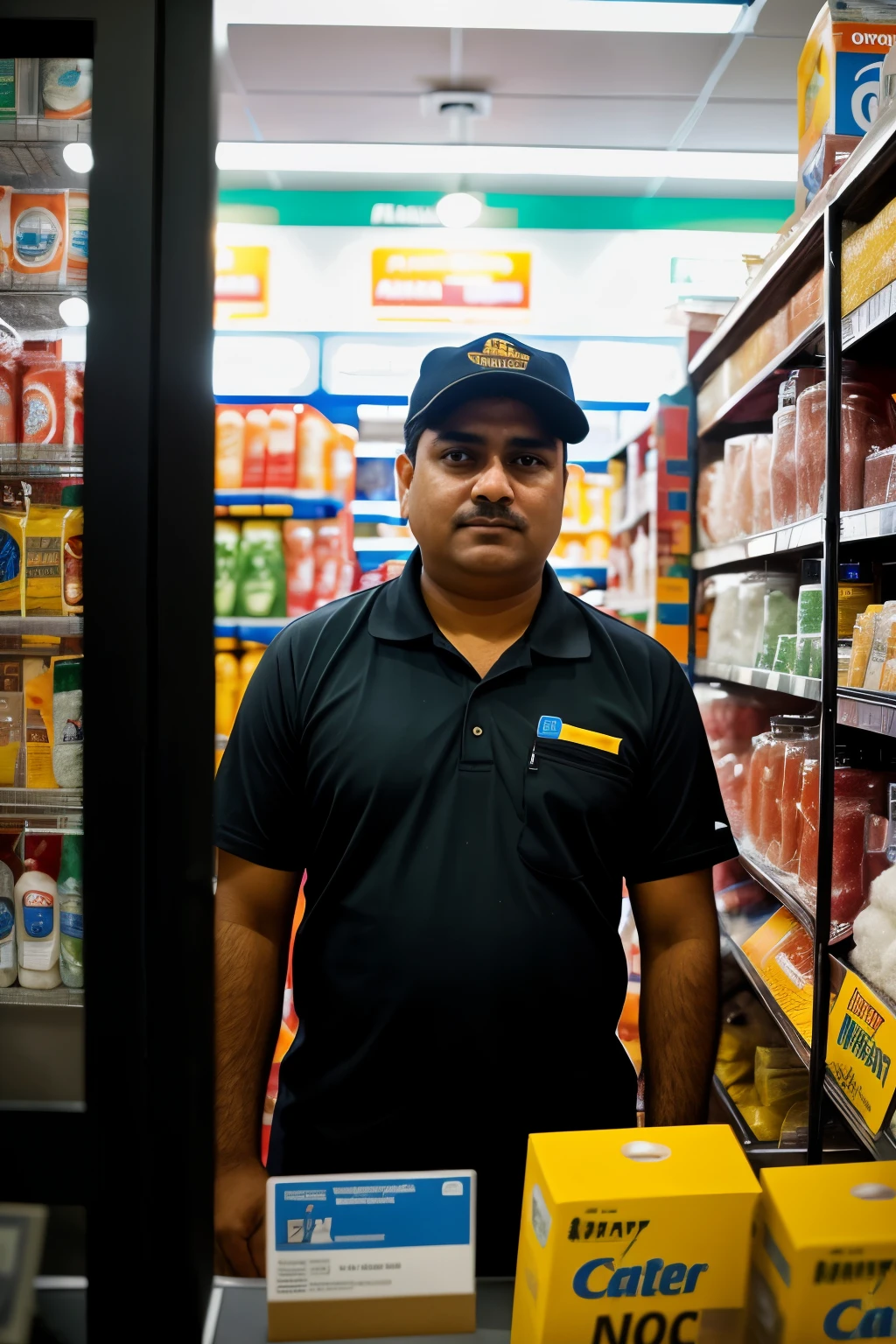 Foto RAW em sequencia, an image of an Indian man behind the counter in a night store, ((rosto detalhado, olhos penetrantes, roupas tradicionais indianas)), trabalhando, fundos pouco desfocados, soft lighting, HDR, fotografia realista, fotografia profissional, looking outside the space regulated by the cashier, calm and authoritative look, detalhes texturais, 4k HD, alta qualidade, film grain, Nikon D850.