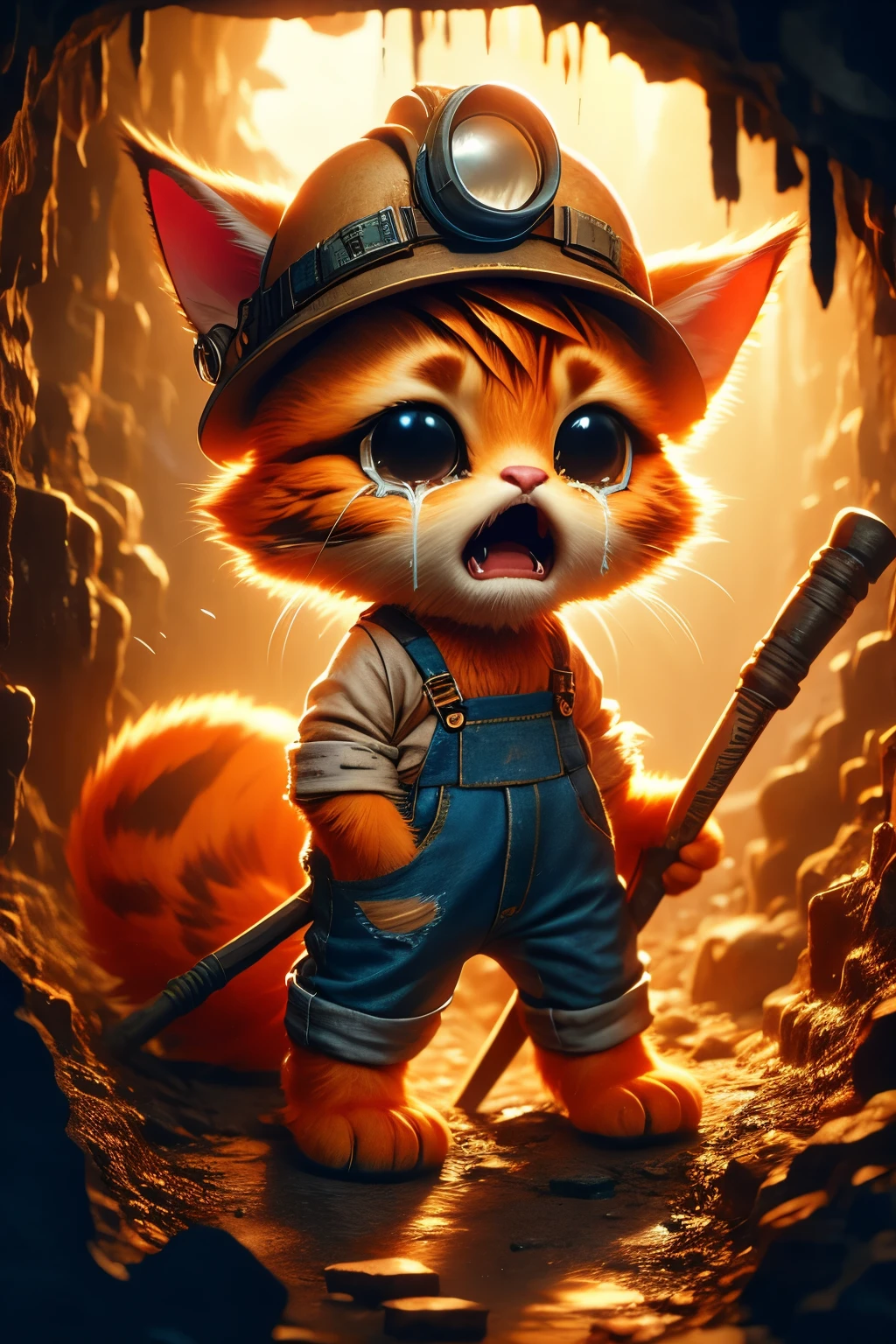A cute fantasy monster like a orange cat, with exaggerated big ears and tail, very dirty, crying, wearing tattered jean backs, wearing a miner's hat and holding a pickaxe, is digging inside a dimly lit mine in palworld style