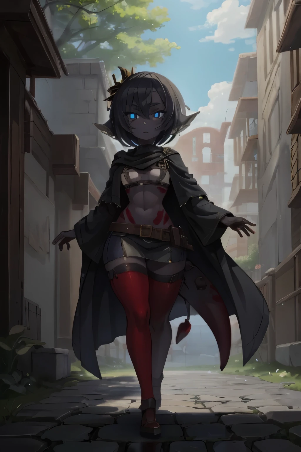 ((1girl, solo)), (red skin), colored skin, masterpiece, best quality, glowing eyes, Smouldie, short hair, (tail:1.2), black robe, thighhighs outdoors, steampunk, fantasy, pavement, walking, puddle, reflection, muscular, abs, tall, blades, holstered blades