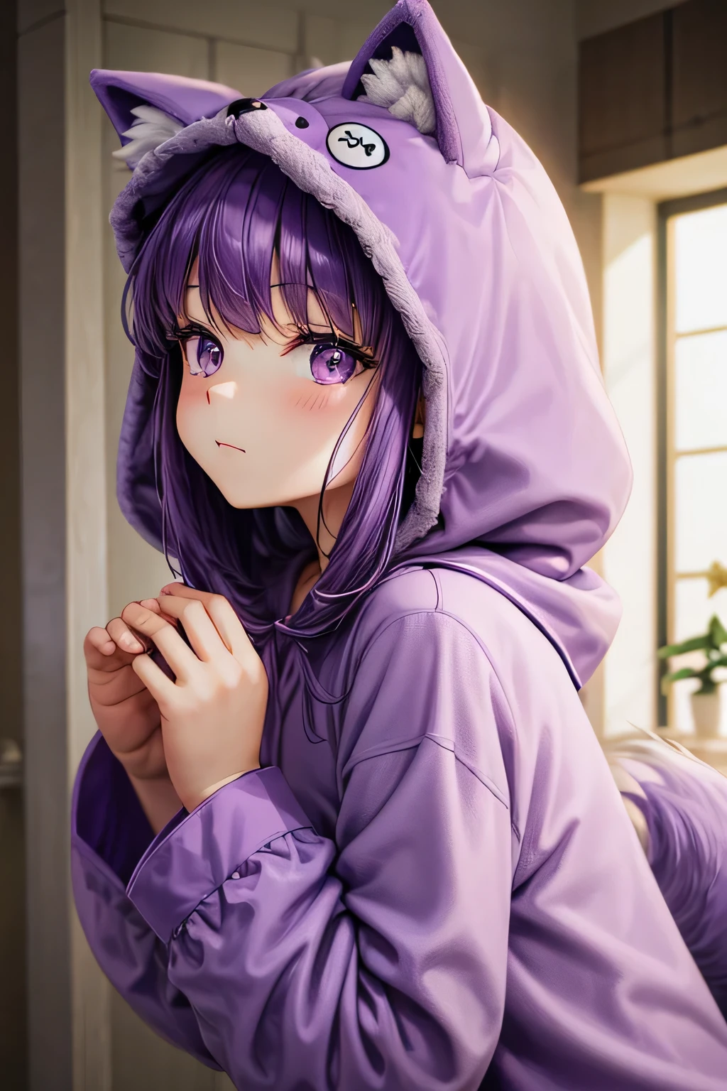 Chibi, Nendoroid, ((worst quality, low quality)), ((Close-up), profile,1.5 facing left), ( girl), purple hair, (Fluffy wolf costume pajamas:1.4), (Open pajamas:1.2), (light purple pajamas:1.4), Animal Hoodie, (hood up:1.under the hoodie, oversized hoodie, five fingers, perfect hands, bedroom background, best quality,Super detailed, masterpiece,