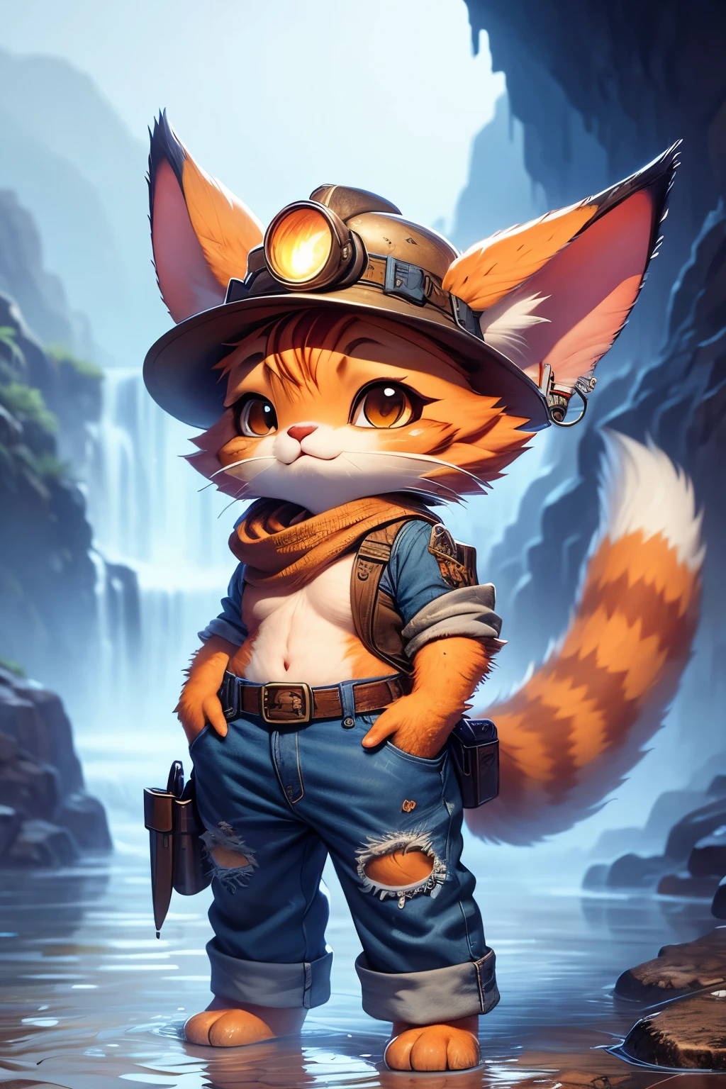 palworld style, a cute fantasy creature that looks like an orange cat, dirty, wearing worn-out jeans, a miner's hat, soaking in a hot spring, with very large and exaggerated ears and tail, ears are very very big