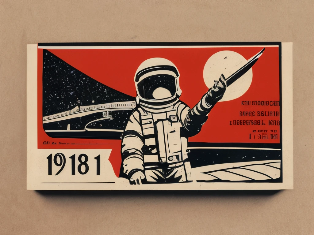 A highly detailed print of a Soviet era matchbox label with propaganda of a female soldier with astronaut dreams looking ip at the starry sky, red, black, retro art graphics, typography, ink textures, worn look, trending on artstation, 8k, UHD, VSML, USSR, Soviet propaganda, 1918