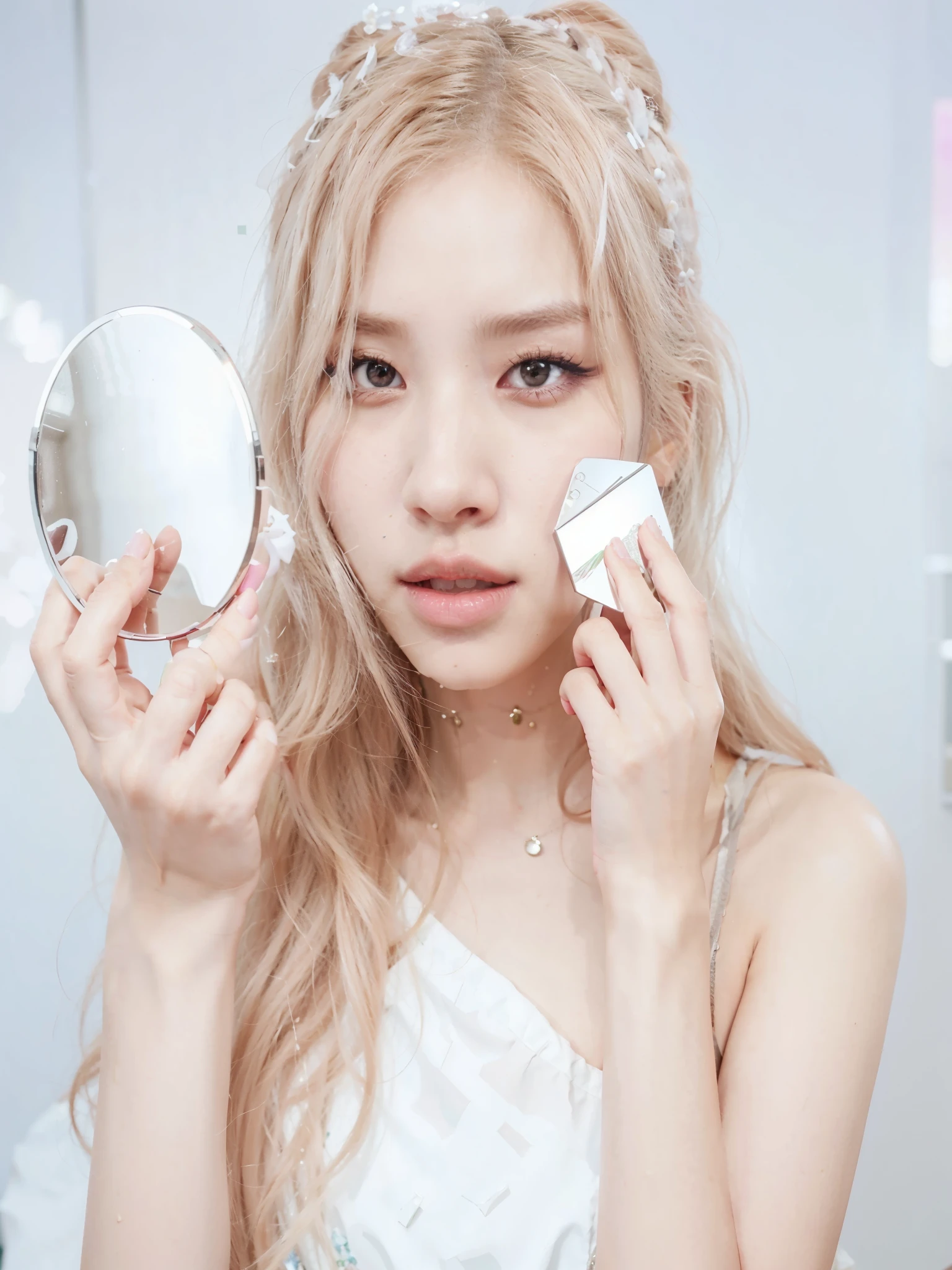 arafed woman holding a mirror and a mirror in her hand, roseanne park of blackpink, portrait of jossi of blackpink, popular south korean makeup, jossi of blackpink, glossy from rain, popular korean makeup, portrait jisoo blackpink, milky white skin, porcelain white skin, glossy skin, ji-min, pale milky white porcelain skin, with shiny skin, rosé idol, kpop idol, female