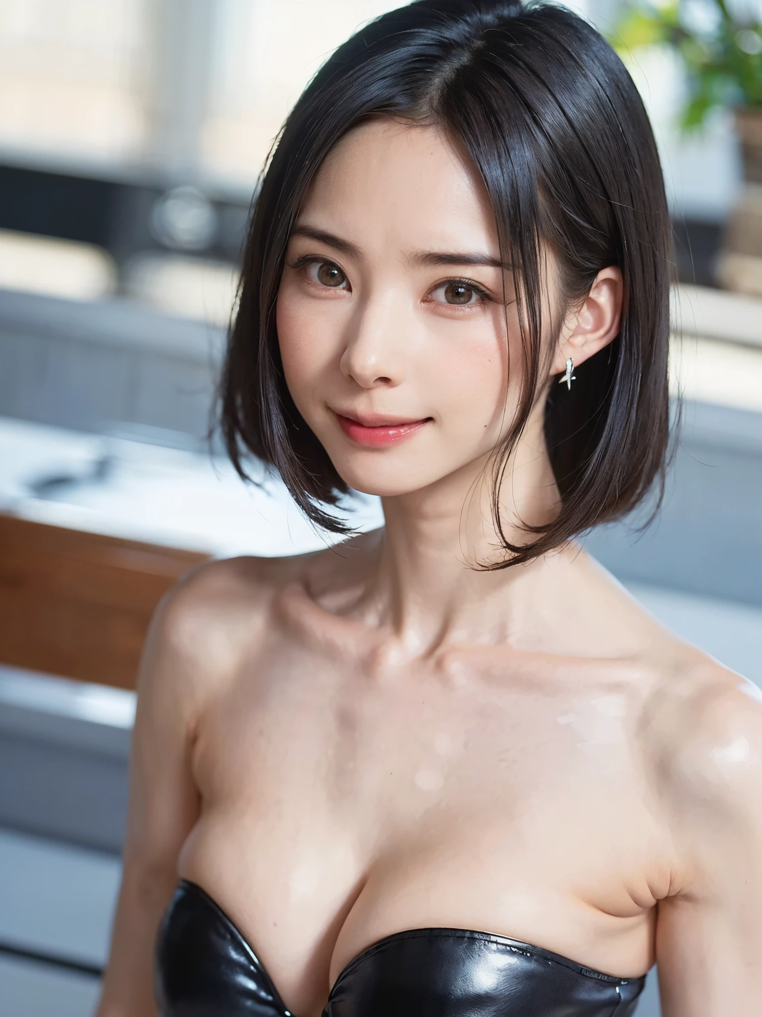 (table top, highest quality、ultra high resolution、very attractive beauty、Adds intense highlights to the eyes、look closely at the camera:1.4、Absolutely beautiful bangs:1.4、Brunette short bob hair with bangs:1.4),1 girl, alone, black haired, scarf, have,, realistic, looking at the viewer, pale black eyes, short hair, coat, Winter clothes, White headscarf, lips, lip gloss, Upper body、Big eyes、eyelash)、((italian roads、ハイパーrealisticスティック:1.4))、((short hair with bangs:1.4、Beautiful bangs with 46 points:2、{Huge|big|Hugeな|mega} chest:2, cleavage:2、Big eyes、Give your students very powerful highlights、very bigger chest、look at the audience、very beautiful beauty、show me your ears、long neck、smile a little、beautiful teeth、open your mouth and smile))、28 years old、very cute super model
