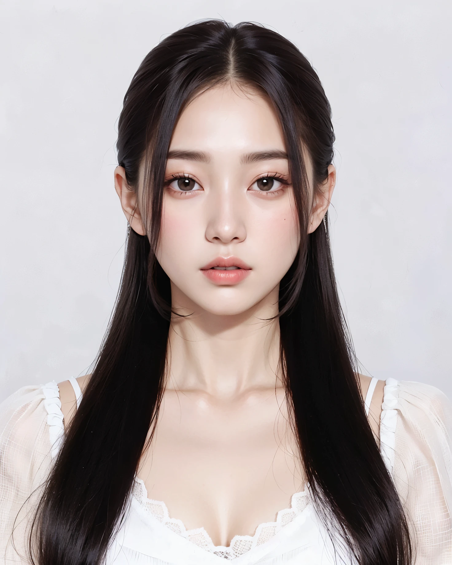 um close up de uma mulher com longos cabelos pretos usando um top branco, jaeyeon nam, korean symmetrical face, Jinyoung Shin, linda mulher sul-coreana, adorable and pale korean face, young lovely korean face, linda jovem coreana, maquiagem sul-coreana popular, maquiagem coreana popular, coreana, linda jovem coreana, Ulzzang, Lalisa Manobal