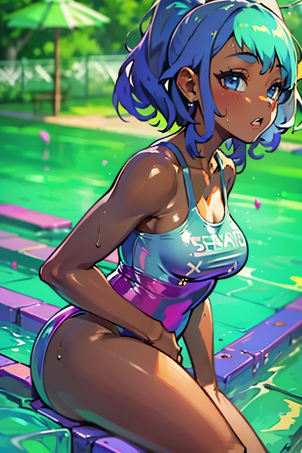 (Hyper-realistic), (high resolution), (in 8K), (high detailed), (Best Illustration), (top-quality), (masterpiece), (best quality:1.2), (photorealistic:1.1),
(1girl),((dark-skinned ビッチ)), (solo:1.4), (baby blue hair), (sweat), (shiny skin), (plump thigh), (slim waist), (thick pubic hair), (covered pussy), (small flat breasts),
(sitting nervously poolside with legs spread),
((sexswimsuit:1.4)),
(dripping pussy juice), (squirting), (female masturbation),
(poolside),