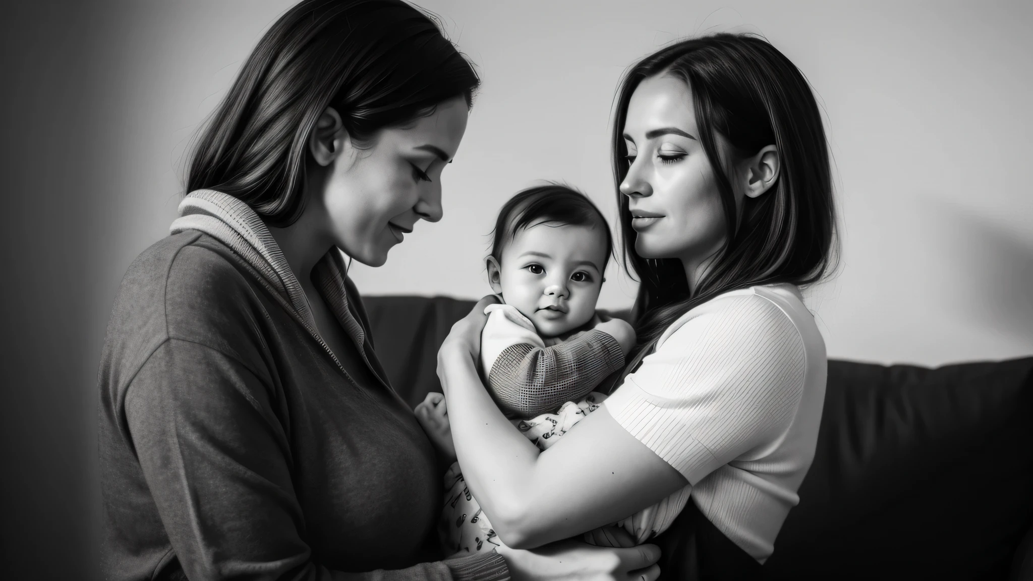 a black and white photo of a woman holding a , mother,