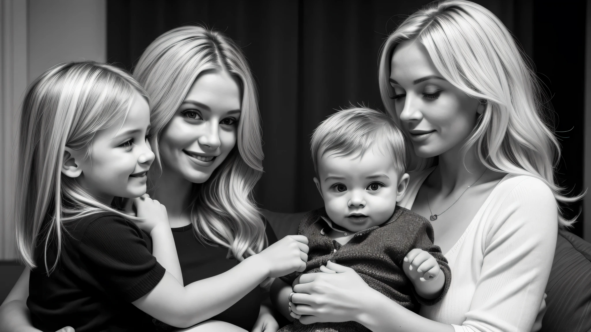 a black and white photo of a woman and kids girl blonde holding a baby, mother,