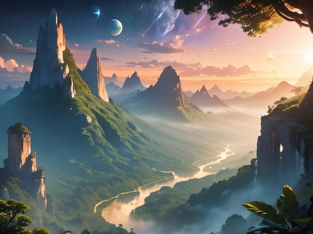 (masterpiece,best quality,ultra-detailed,high resolution,extremely detailed), illustration, landscape, a dense jungle on an alien planet, birds flying, huge planets in the sky, spectacle, evening, tall mountains in background, dusk light, stars, foliage, uninhabited, Jim Burns, fantasy, 