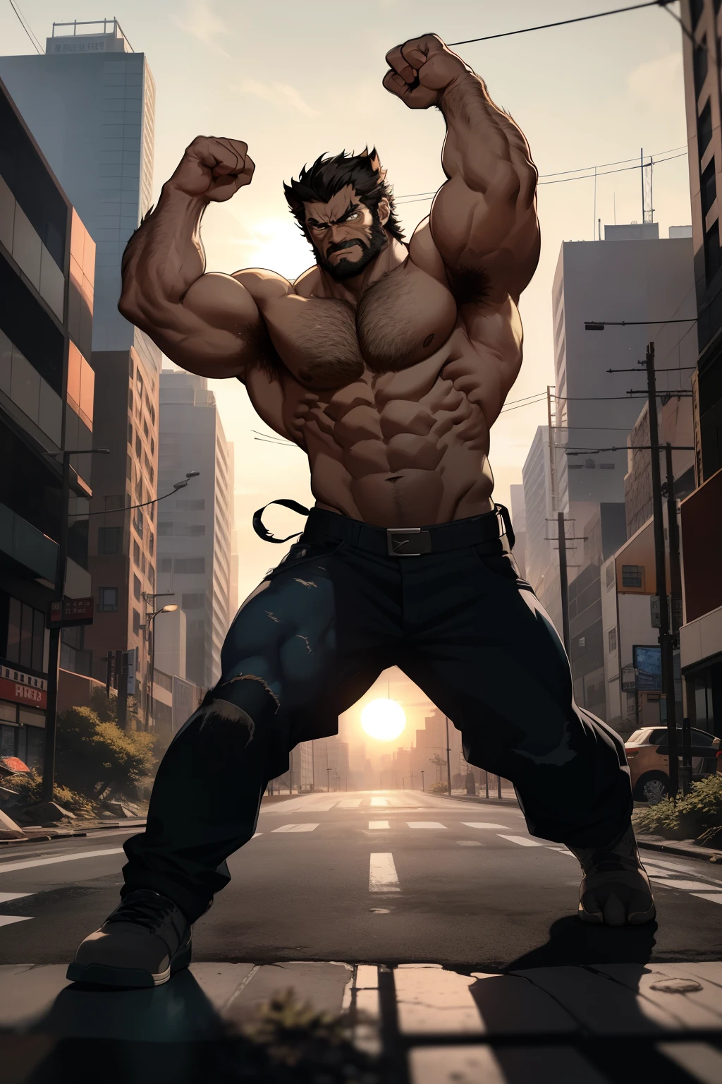 In the heart of a gritty urban landscape, the iconic figure of Wolverine emerges as a muscular giant. His bulging biceps, each the size of a tree trunk, flex menacingly as he raises his arms, the veins underneath his dark, weathered skin popping out in relief. The sun sets behind him, casting long, dramatic shadows across the concrete ground. His feet, each the size of small cars, stomp heavily on the pavement, the sound echoing through the desolate city streets. Wolverine's claws, razor-sharp and gleaming in the dim light, are poised and ready for action. The atmosphere is intense and combative,