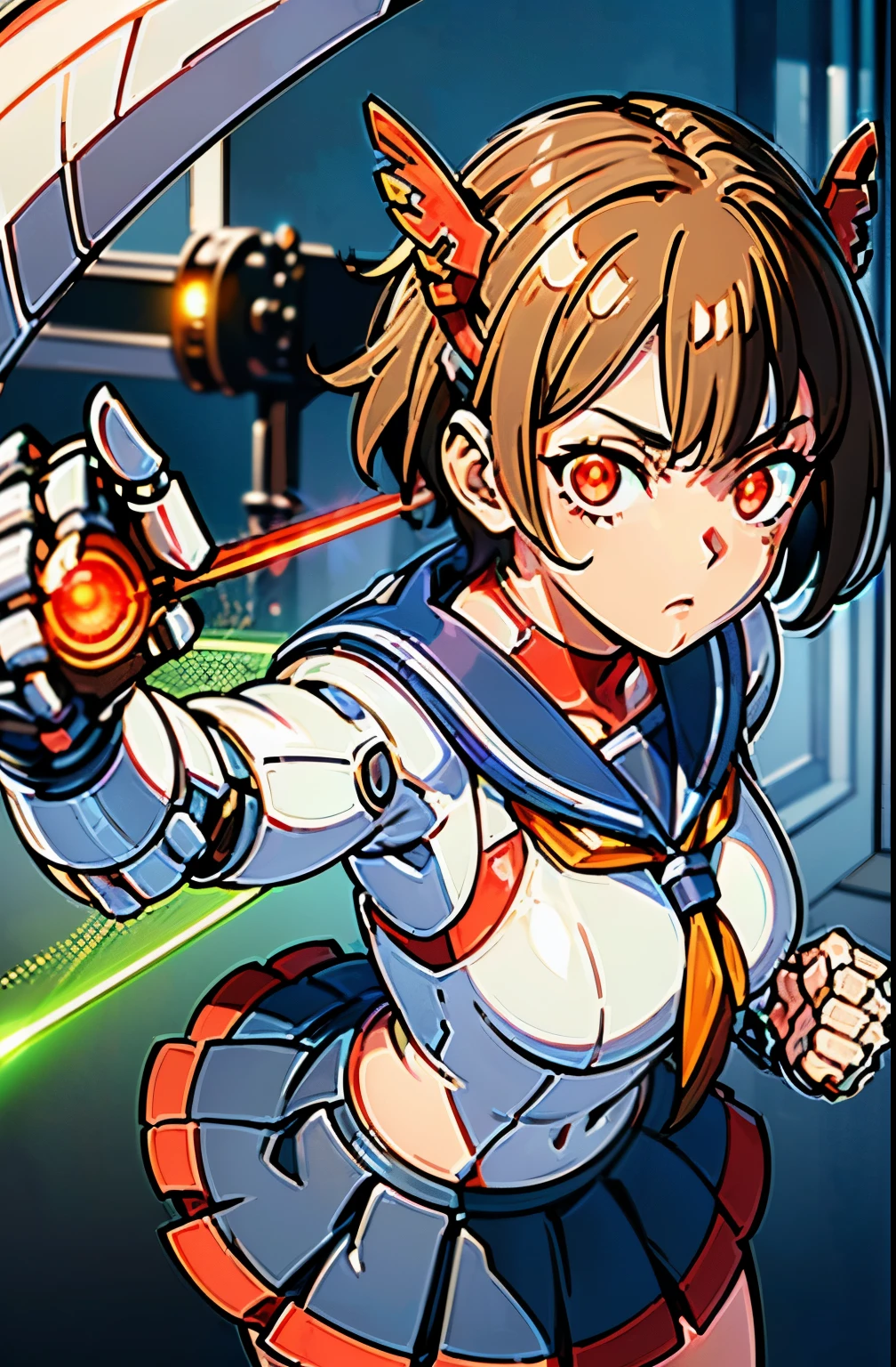 1girl solo,Standing depiction、((Large symmetrical mechanical wing:1.6))、((kasugano sakura:1.3))、(symmetrical mechanical headgear:1.6)、(He has a huge laser sword in his right hand.:1.9)、(Has a machine gun in his left hand:1.9)、Beauty Cyborg, Cyborg - beautiful woman with brown short bob hair perfect anime cyborg woman, cute cyborg beauty, beautiful cyborg beauty, cyborg girl, (Perfect android beauty), (The perfect cyborg woman), (Cyborg - Girl), (beautiful female cyborg)、 beautiful white girl cyborg, beautiful female android, Beautiful and attractive female cyborg、walk、full body description、(Mechanical sailor suit:1.5)、(mechanical ruffle skirt:1.5)、((Combat readiness))、(glowing red mechanical eyes:1.9), brown hair, short hair, bangs, Ahoge,(head band), ((Gray uniform:1.4)), puffy sleeves, crop top, yellow neckerchief, ((gray skirt:1.4)), fingerless gloves, thighs thighs, white socks, red footwear,Expressionless、(table top, highest qualityの, highest quality, beautiful and aesthetic: 1.2), very detailed, more detailed,Proper body proportions,table top,Ultra high quality output image,High resolution,intricate details,very delicate and beautiful hair,realistic pictures,dream-like,professional lighting,realistic shadow,focus only,anime one、discovery stance, punching, discovery,raise one leg、Anime one、(combat stance:1.3)