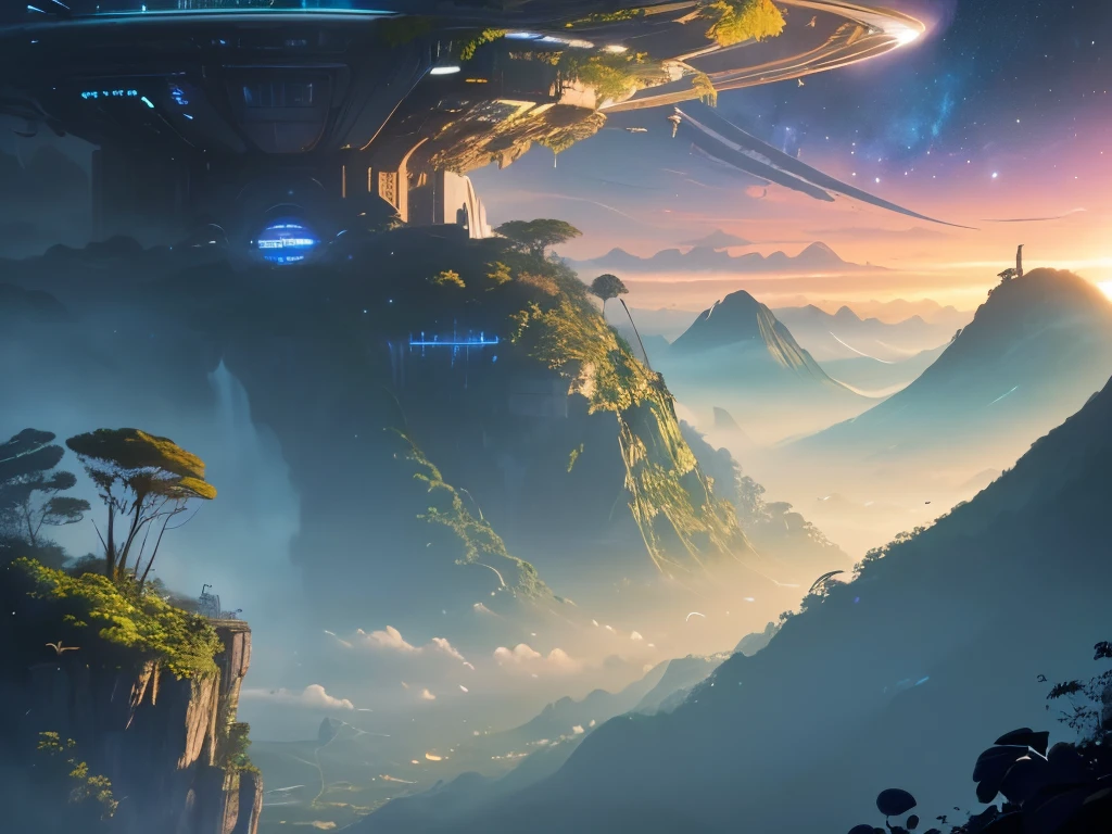(masterpiece,best quality,ultra-detailed,high resolution,extremely detailed), illustration, landscape, a dense jungle on an alien planet, (spacecraft in sky), birds flying, incredible detail, huge planets in sky, spectacle, evening, tall mountains in background, dusk light, stars, foliage, uninhabited, Jim Burns, fantasy, retro futurism