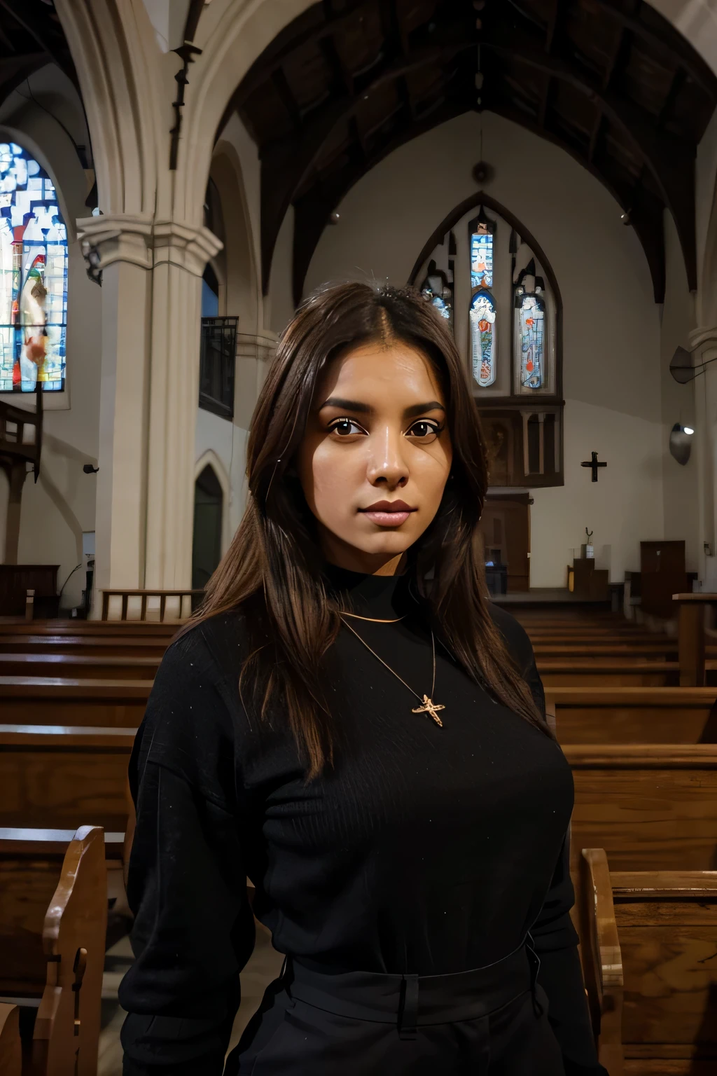 mulher, 26 anos, ultra realista, morena, alta, olhos claros, cabelo preto e comprido, pele branca clara, pastora da igreja, standing speaking in a church