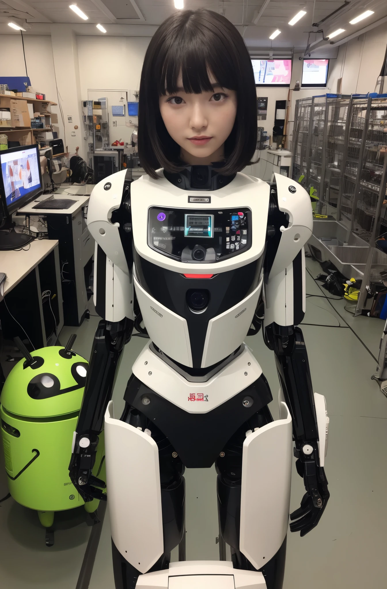 masterpiece, best quality, extremely detailed, Japaese android girl,Plump , control panels,android,Droid,Mechanical Hand, Robot arms and legs, Black hair,Blunt bangs,perfect robot girl,long tube,thick cable connected her neck,android,robot,humanoid,cyborg,japanese cyborg girl ,robot-assembly plant,She is assembling now,assembly scene