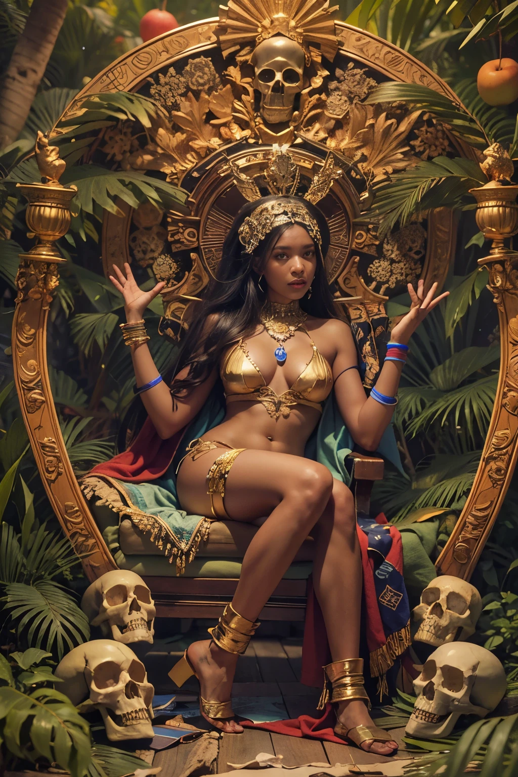 ((Benevolent ((dark-skinned Haitian)) goddess)) sitting in an ((ornate skull-themed wooden throne)) with her (wearing cashmere knee high socks) while (reading an ancient tome), ((hair tied up with Haitian flag design bandana)), mystic tattoos on arms and legs, (wearing golden bracelets and anklets), plump thighs, high quality photo, sitting in the middle of the (dense ripe mango tree forest) during golden hour, visible stretch marks and cellulite