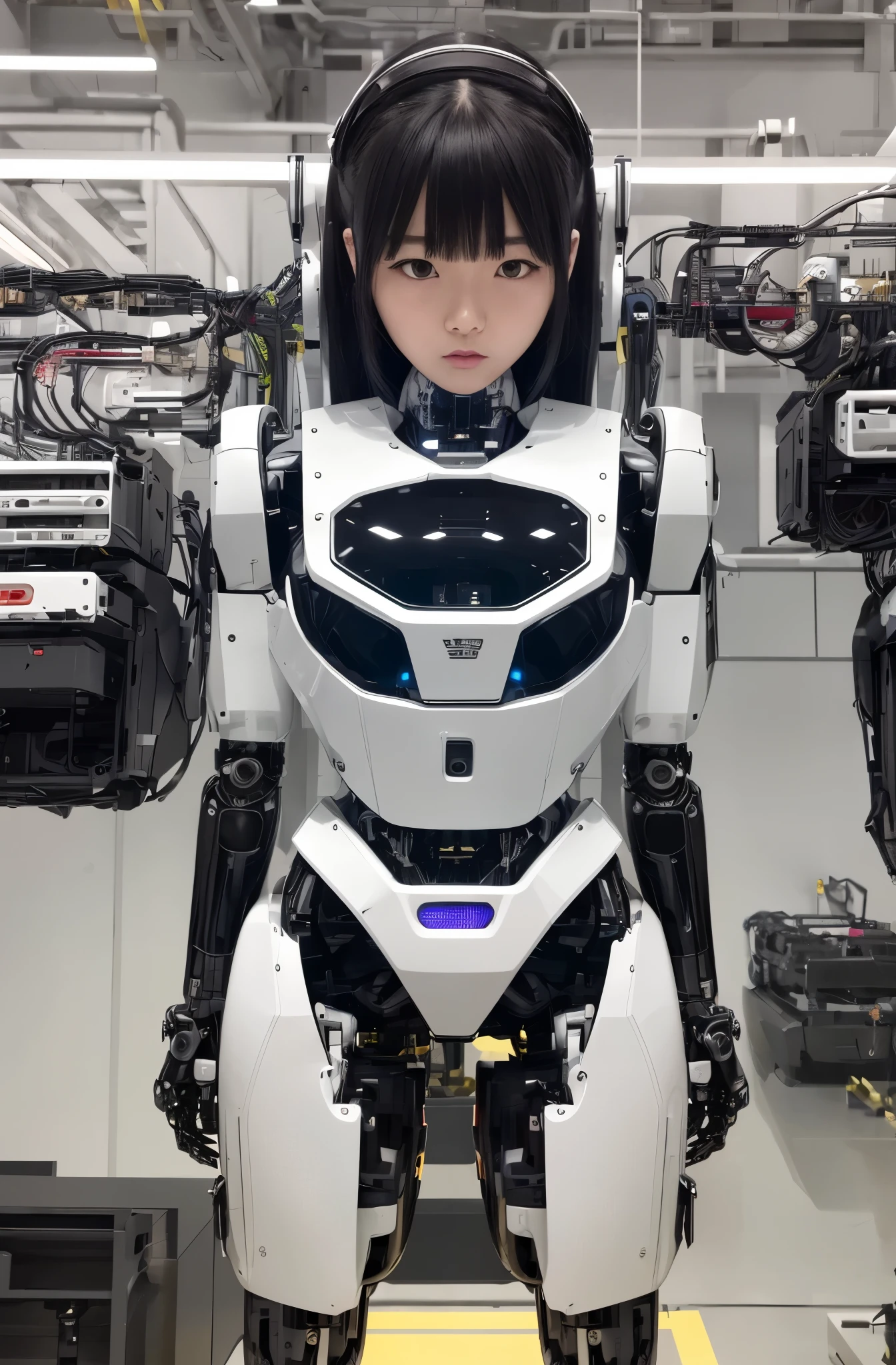 masterpiece, best quality, extremely detailed, Japaese android girl,Plump , control panels,android,Droid,Mechanical Hand, Robot arms and legs, Black hair,Blunt bangs,perfect robot girl,long tube,thick cable connected her neck,android,robot,humanoid,cyborg,japanese cyborg girl ,robot-assembly plant,She is assembling now,assembly scene
