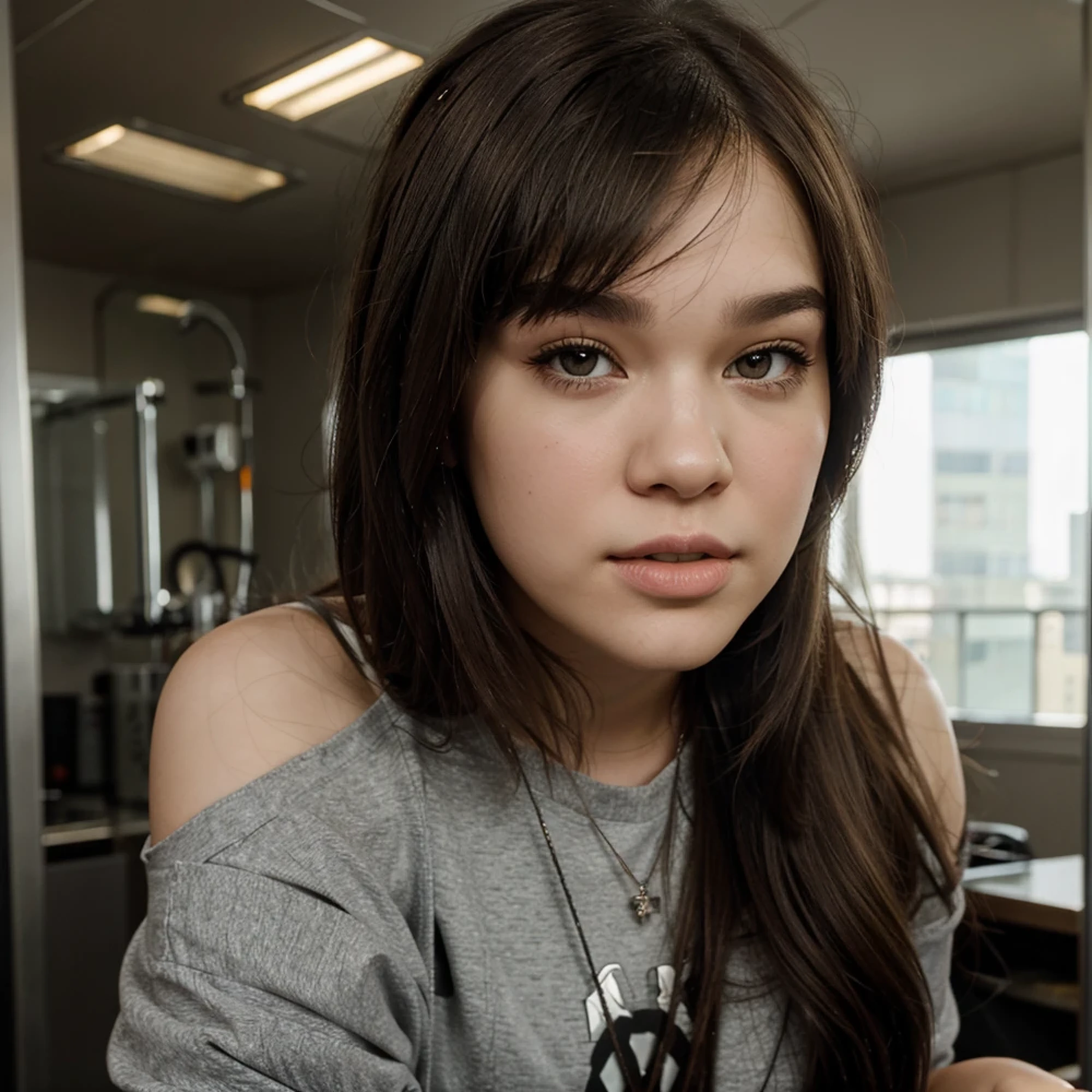 1 woman, gorgeous, long hair with ponytail, white sweatshirt Oversized, Oversized_shirt, sweatpants, Night City, ((from above, Fisheye, Wide angle shot)), (photorealistic:1.2), (ultrarealistic:1.3) , (very detailed:1.1), ((Masterpiece))