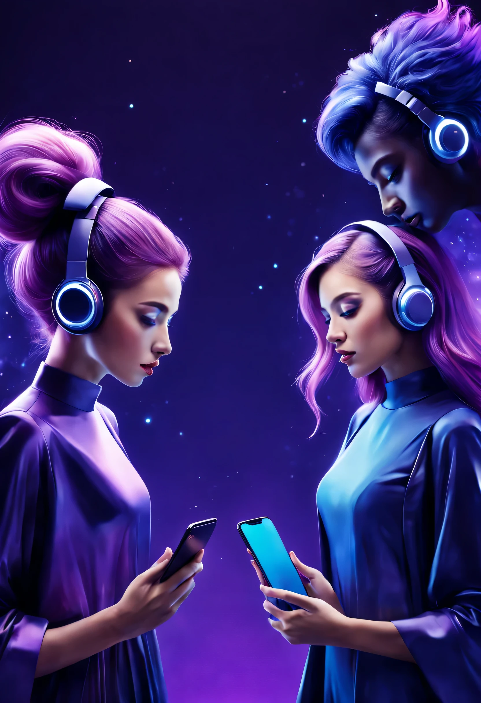 plusieurs personnes hommes et femmes de couleur violet et bleu nuit qui discute avec des micros et des smartphones en podcast dans univers futuriste
