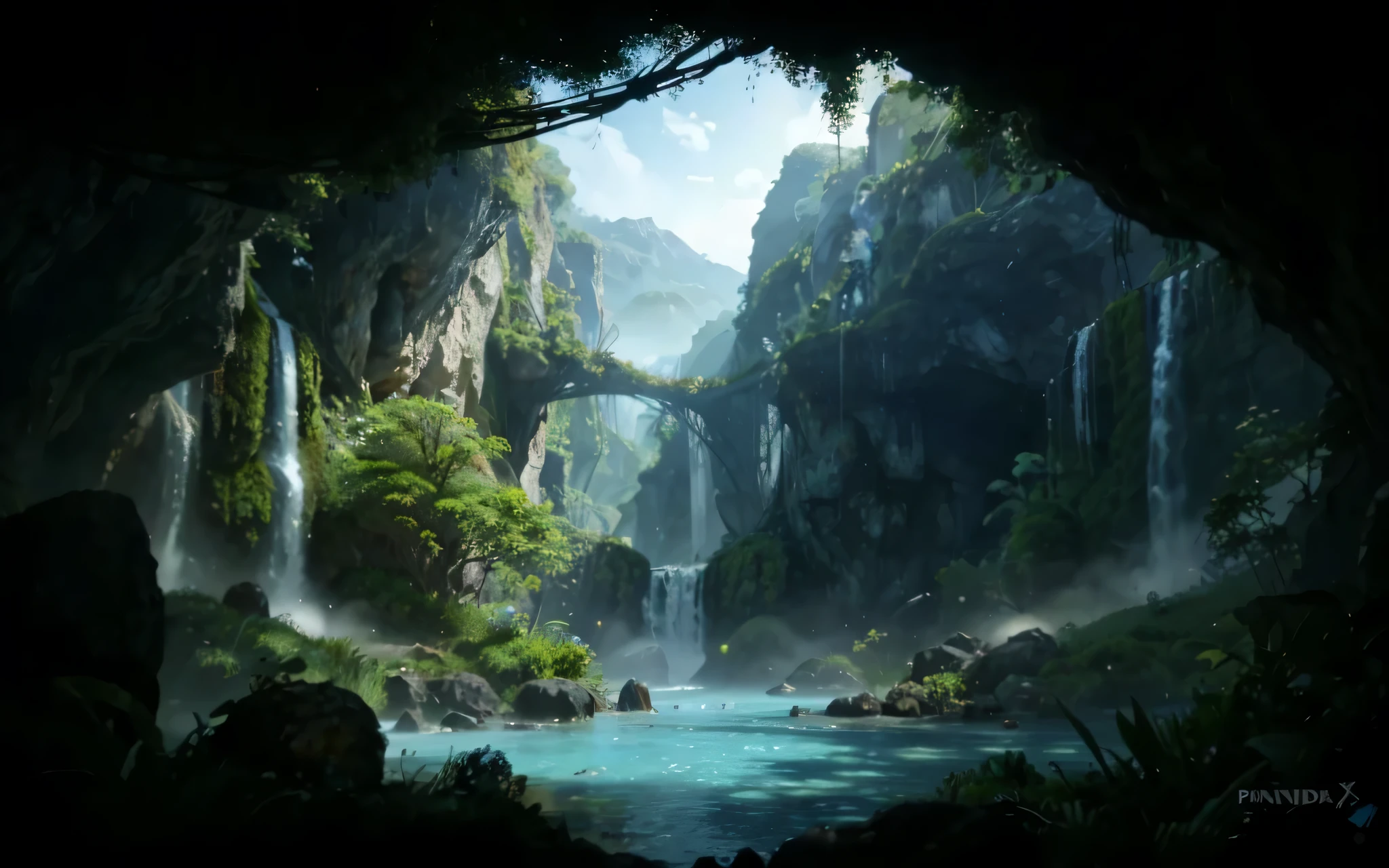 Pandora, Mundo Avatar, beautiful mythological landscape, ultra realista, detalhado, profissional shadows, boas cores, 4D, Cinematic vision