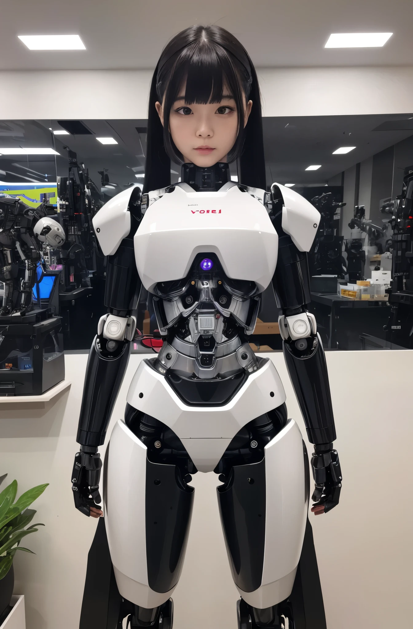 masterpiece, best quality, extremely detailed, Japaese android girl,Plump , control panels,android,Droid,Mechanical Hand, Robot arms and legs, Black hair,Blunt bangs,perfect robot girl,long tube,thick cable connected her neck,android,robot,humanoid,cyborg,japanese cyborg girl ,robot-assembly plant,She is assembling now,assembly scene
