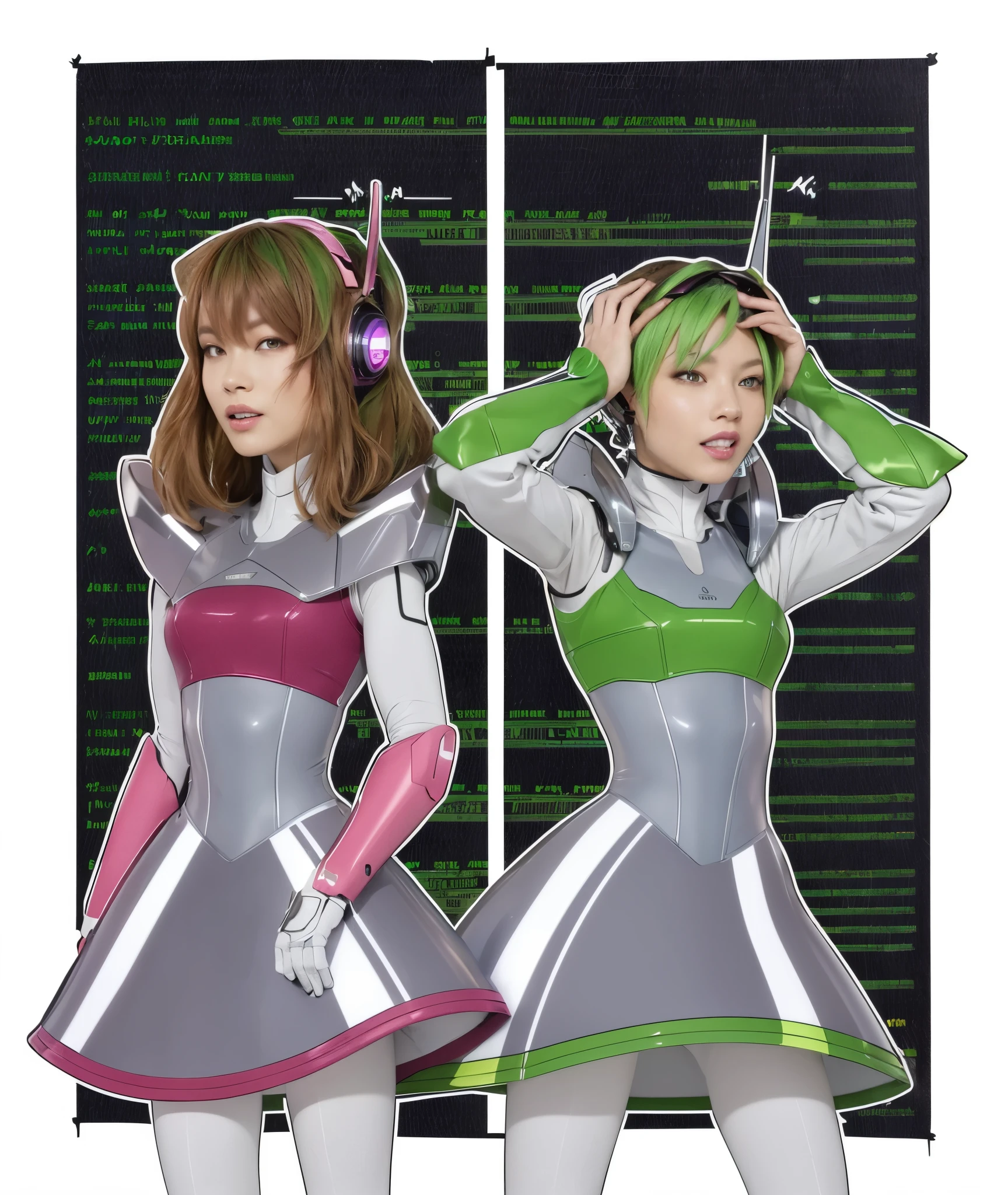 (best quality,4k,highres:1.2),ultra-detailed,realistic,cyber universe style,professional,visually stunning, vibrant colors, dynamic lighting, two women in futuristic armor standing next to each other, perfect android girl, cybernetic headsets, futuristic visors, sleek robotic suits, adults, angry on right, smiling on left, identical outfits!!!, green dyed hair on right, armored forearms!!!, full body, metal neck