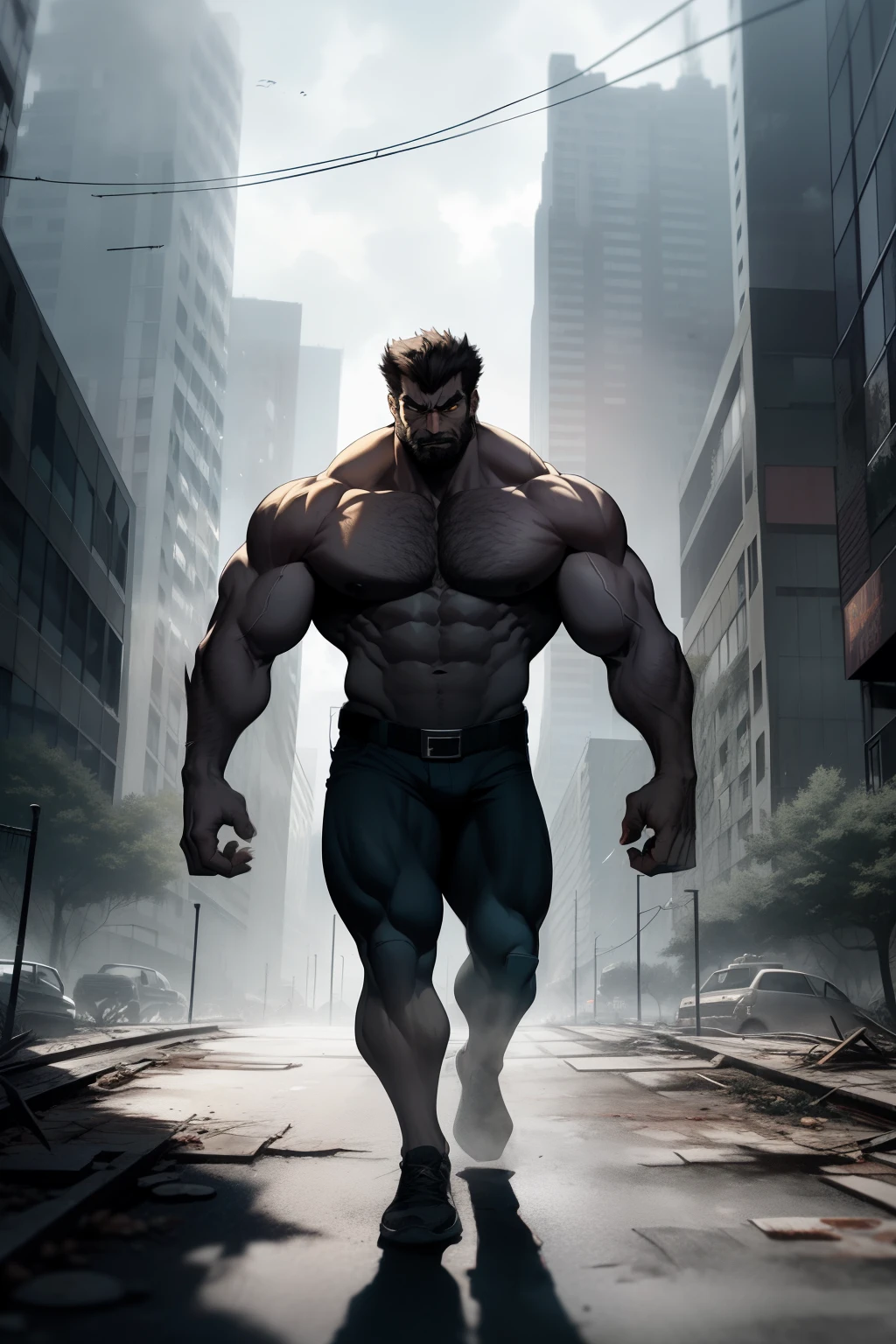 In the heart of a gritty urban landscape, a towering figure emerges. Wolverine, the mighty mutant, stands tall and imposing, his muscular physique bulging with raw power. His razor-sharp claws gleam menacingly in the dim light, casting long, ominous shadows on the cracked pavement below.

With a thunderous roar, Wolverine flexes his massive biceps, their bulging veins a testament to his immense strength. Each flex echoes through the concrete jungle, shaking the foundations of the decaying buildings around him. The ground trembles beneath his giant feet as he stamps them, sending shockwaves