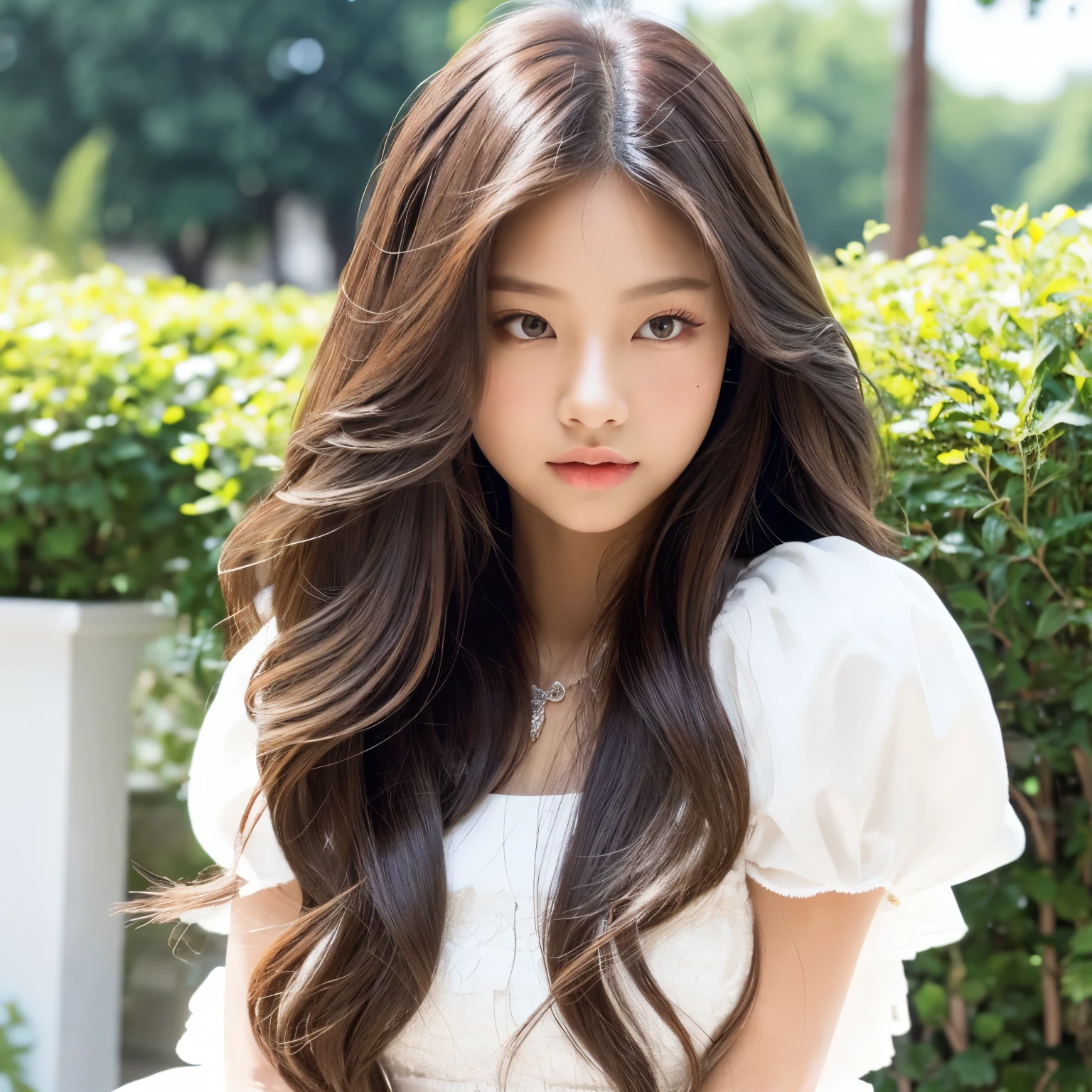 jennie of blackpink IA brunette with big hair, dressed in a white dress, super realism well-groomed skin, bright image