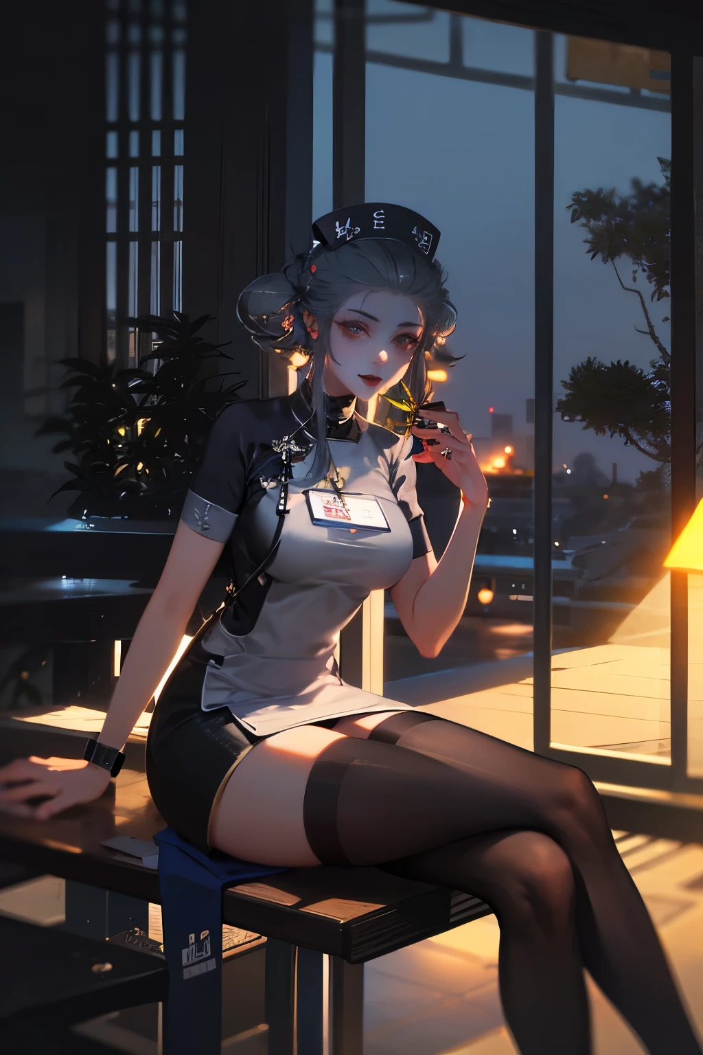 ((Benevolent athletic ((Vietnamese)) (goth) nurse)) with (long curly grey hair) sitting in an office chair while reading paperwork, wearing tight nurses scrubs, wearing smartwatch and thigh high stockings, plump thighs, high quality photo, sitting in the middle of (dense cannabis sativa medical office with glass door showing playground in background),