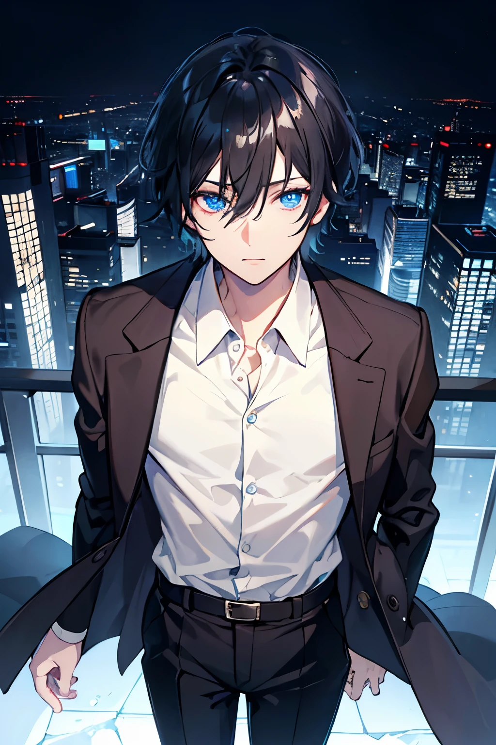 male black hair blue eyes short hair one person sweater slacks station Brown coat turn around dawn cool look up city prospect masterpiece Highest image quality noise removal clear parts cinematic shadow Increased attractiveness of the eyes clear parts the shine of the eyes Draw eyelashes neatly perfect eyes detailed eyes Sharpen image quality Sharpen eye writing clear parts eye shape