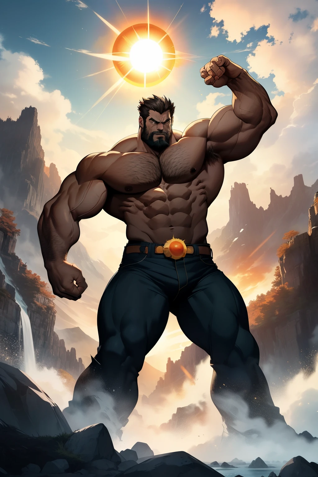 Amidst the rugged terrain, a colossal figure emerges, towering over the landscape. With a menacing growl, Wolverine stands tall, his ripped muscles bulging under his razor-sharp claws. His massive biceps flex powerfully, emitting an air of raw strength and intimidation. The ground trembles beneath his huge feet as he stamps it angrily, sending shockwaves through the earth. The sun (1:2) casts a dramatic golden light on his muscular form, highlighting every sinew and vein. In the background, craggy mountains rear up majestically, providing an epic backdrop to this awe-insp