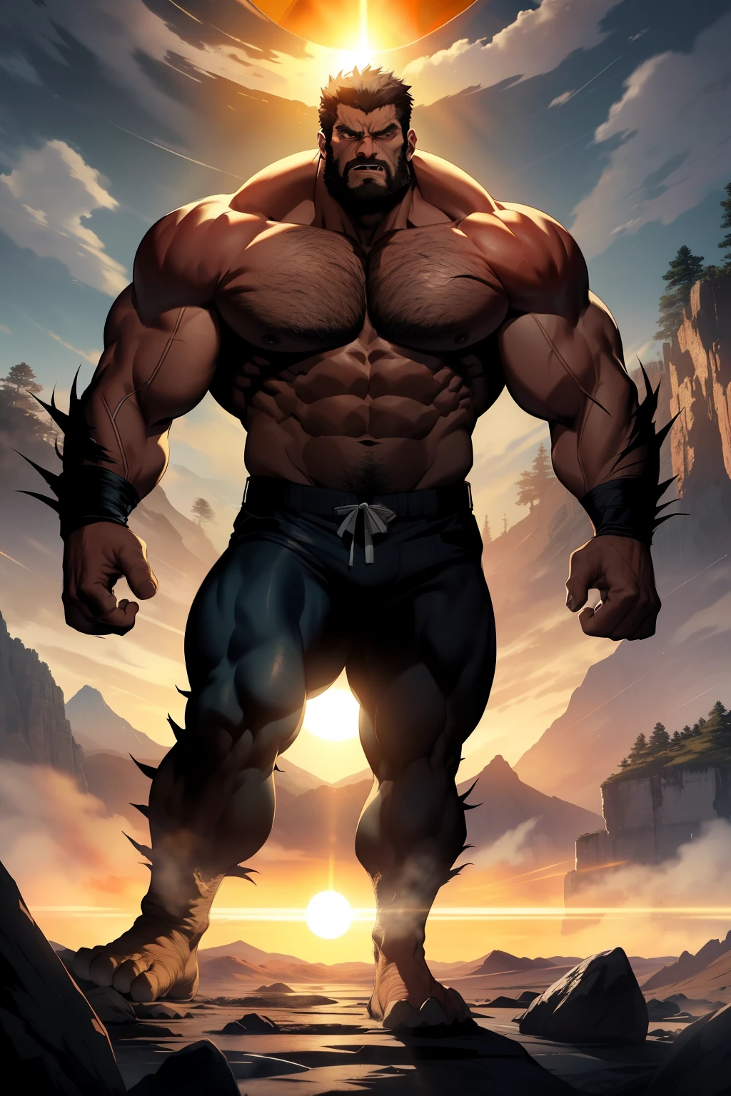 Amidst the rugged terrain, a colossal figure emerges, towering over the landscape. With a menacing growl, Wolverine stands tall, his ripped muscles bulging under his razor-sharp claws. His massive biceps flex powerfully, emitting an air of raw strength and intimidation. The ground trembles beneath his huge feet as he stamps it angrily, sending shockwaves through the earth. The sun (1:2) casts a dramatic golden light on his muscular form, highlighting every sinew and vein. In the background, craggy mountains rear up majestically, providing an epic backdrop to this awe-insp