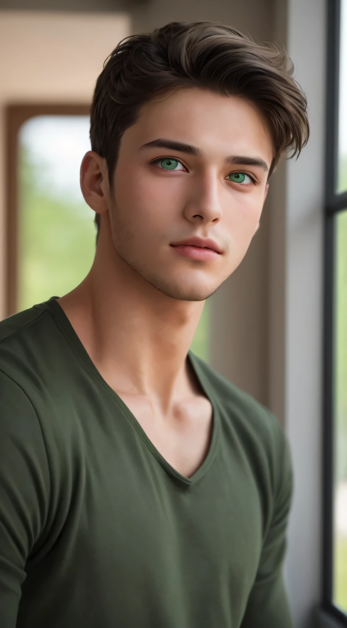 A handsome 23-year-old man with a real face, olive green eyes
