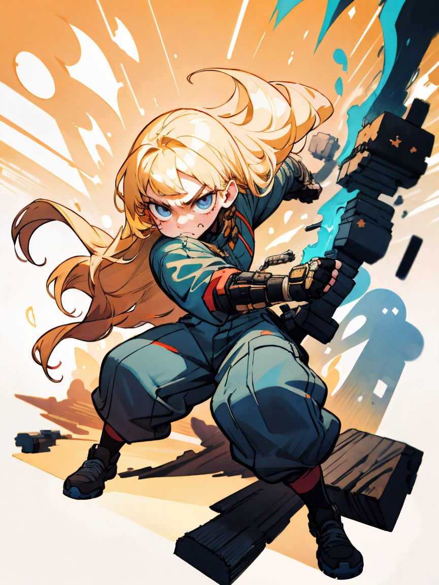 (((masterpiece))),best quality, [(white background:1.5)::5], (isometric:1.1), 1 woman, blue eyes, very long hair, blonde hair, long blonde hair, side sweep bangs, fighting stance, badass, fierce looks