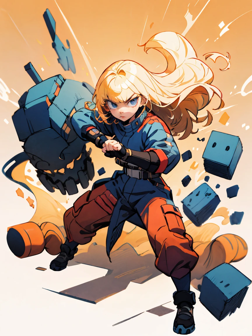(((masterpiece))),best quality, [(white background:1.5)::5], (isometric:1.1), 1 woman, blue eyes, very long hair, blonde hair, long blonde hair, side sweep bangs, fighting stance, badass, fierce looks