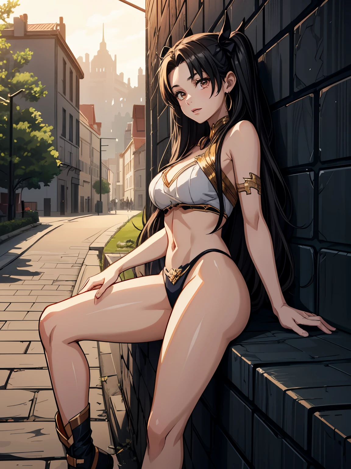 ((masterpiece)), (best quality),, official art, extremely detailed CG unity 8k wallpaper, highly detailed, shiny skin, Depth of field, vivid color,, 1girl, (curvy:0.6), (full body:0.8), girl wearing sexy clothes, sexy , portrait sophie mudd, casual pose, gorgeous young model, cute young woman, a beautiful -aged girl, very pretty model, young , cute young girl, beautiful young girl, beautiful model, long black hair, dark hair, shiny hair, young and cute girl, girl, Ishtar, Fate Grand Order, Ishtar anime, anime, looking at me, high shadow texturing, shadows included, looking epic, epic background, epic place, single person, nobody else, wearing swimsuit, wearing somethink cute, wearing cute dress, adorable, kawaii, cute, proud, happy, definision of happines, sun is shining, sunshine, epic lighting, sunning, 18+ , epic background, super epic backgorund, backgorund theme, suepr shadowing, shadows, dynamic lighting, wearing sexy clothes of random color, (Background: old town, sunset, sunny forest, nature), poses: (Poses: sitting, leaning over wall, standing, legs crossed)