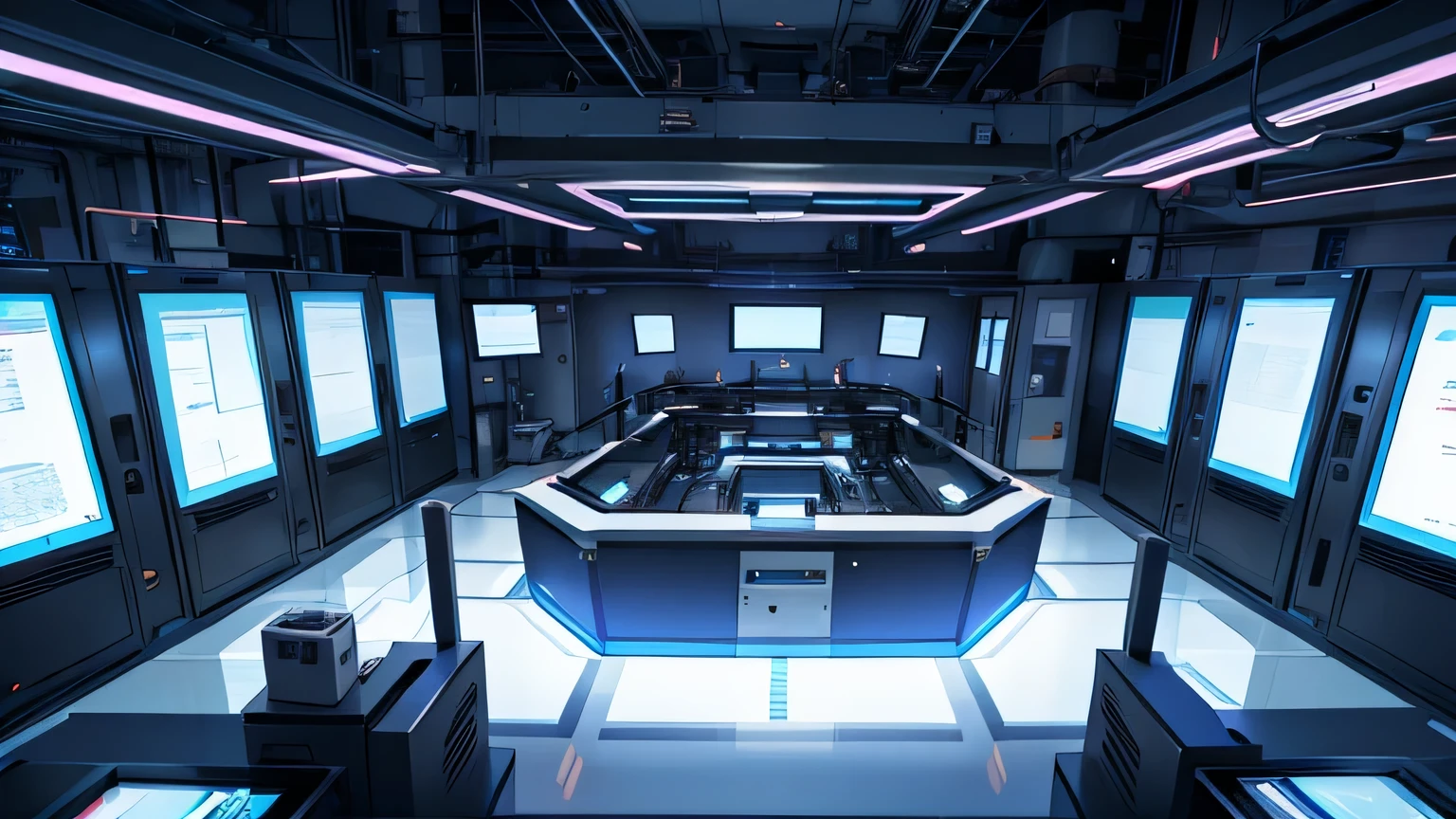 A large quantum physics laboratory, a large machine centered in the middle, poor lighting and lots of people