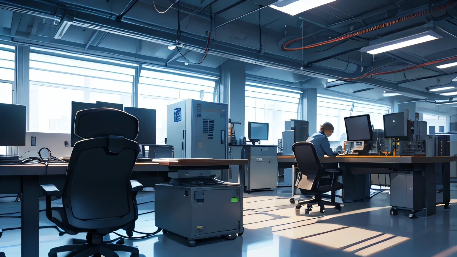 A large quantum physics laboratory with large machines, cables and poor lighting